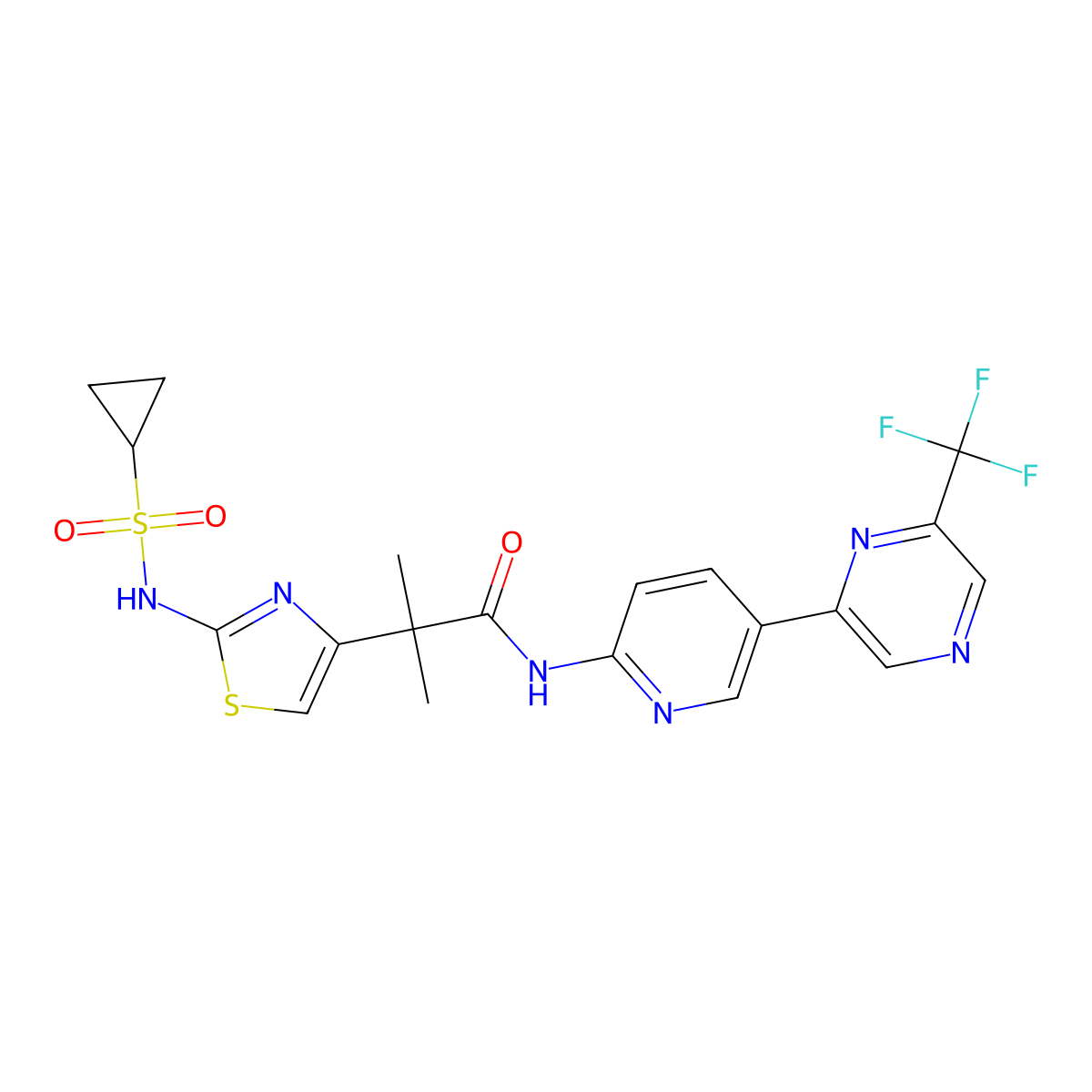 2-(2-cyclopropanesulfonamido-1,3-thiazol-4-yl)-2-methyl-N-{5-[6-(trifluoromethyl)pyrazin-2-yl]pyridin-2-yl}propanamide molecular structure, CAS 2338811-71-3