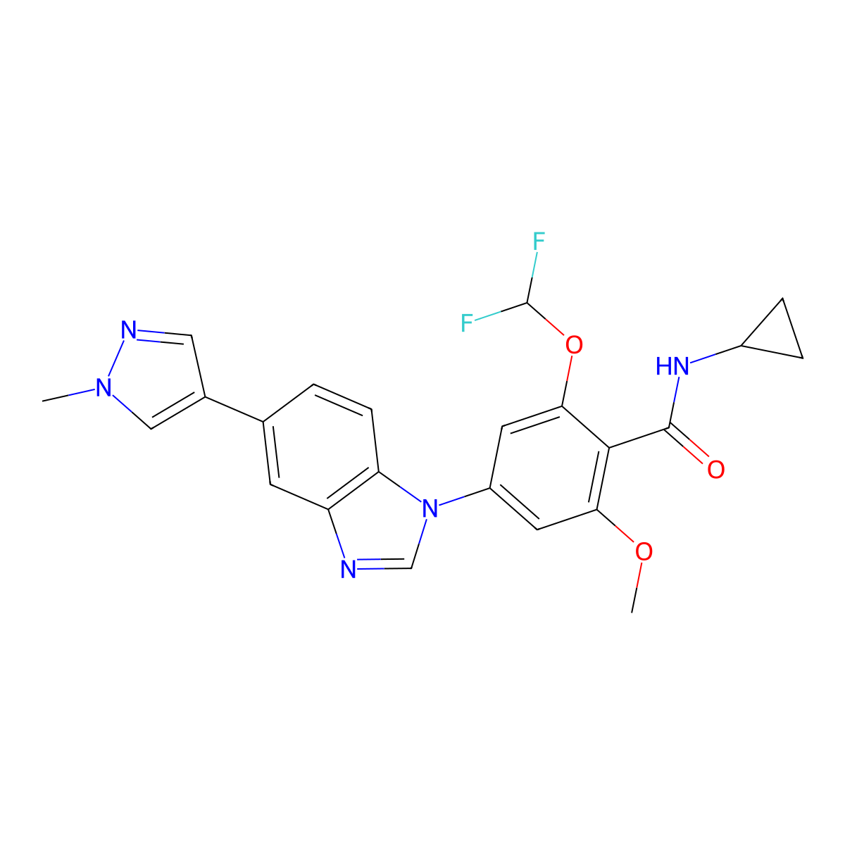 N-cyclopropyl-2-(difluoromethoxy)-6-methoxy-4-[5-(1-methylpyrazol-4-yl)benzimidazol-1-yl]benzamide molecular structure, CAS 2340388-72-7