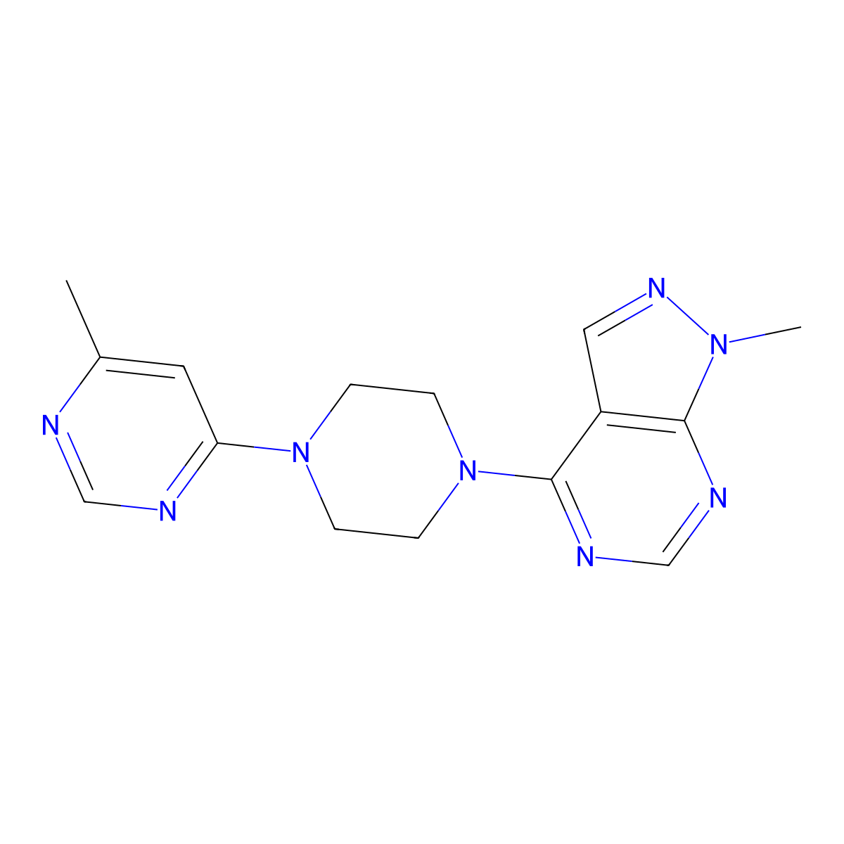 4-methyl-6-(4-{1-methyl-1H-pyrazolo[3,4-d]pyrimidin-4-yl}piperazin-1-yl)pyrimidine molecular structure, CAS 2341442-46-2