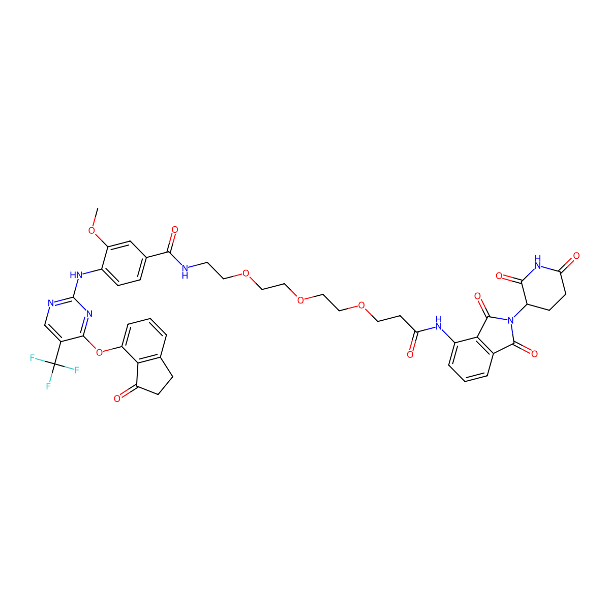 N-[2-[2-[2-[3-[[2-(2,6-Dioxopiperidin-3-yl)-1,3-dioxoisoindol-4-yl]amino]-3-oxopropoxy]ethoxy]ethoxy]ethyl]-3-methoxy-4-[[4-[(3-oxo-1,2-dihydroinden-4-yl)oxy]-5-(trifluoromethyl)pyrimidin-2-yl]amino]benzamide molecular structure, CAS 2341740-84-7