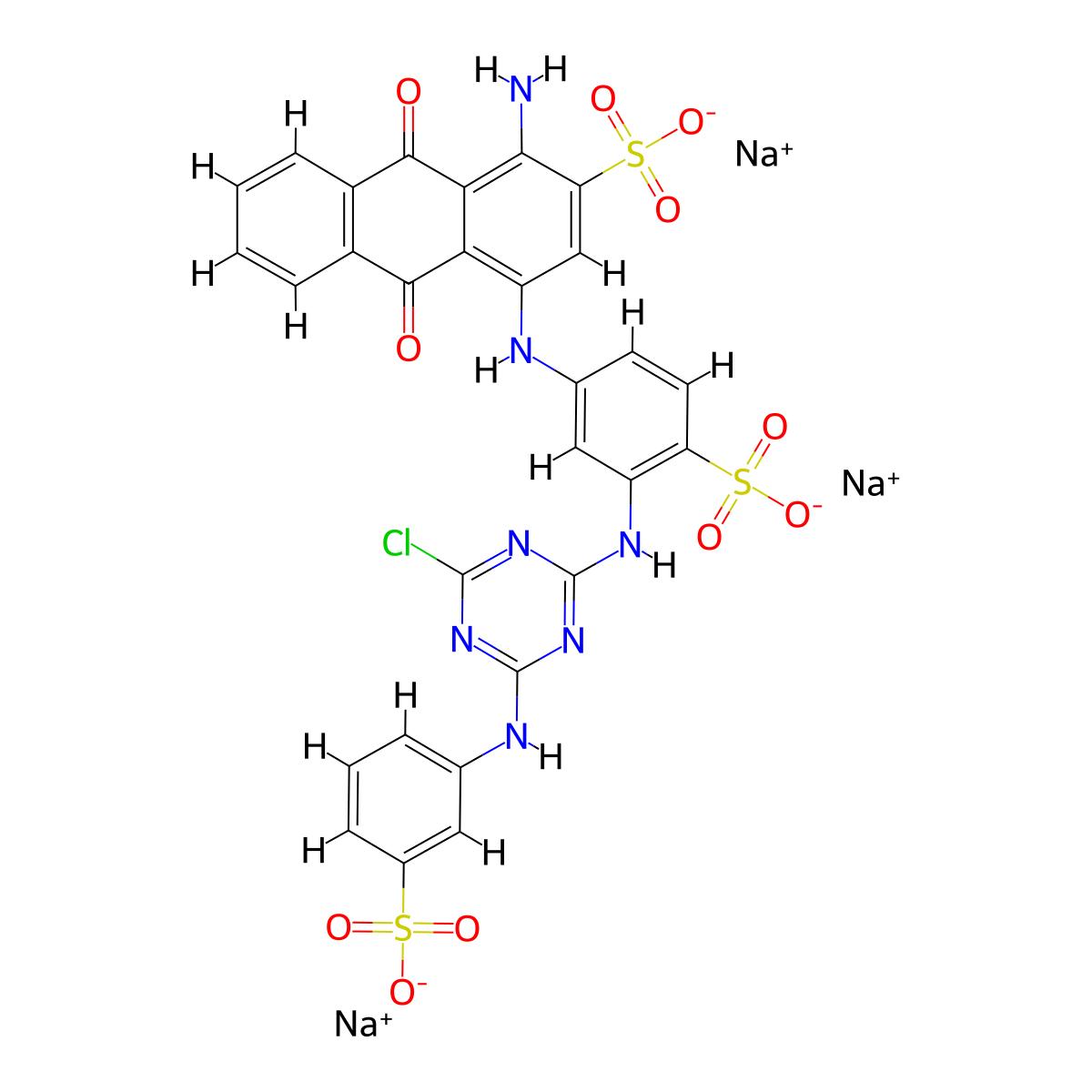 2-anthracenesulfonic acid, 1-amino-4-((3-((4-chloro-6-((3-sulfophenyl)amino)-1,3,5-triazin-2-yl)amino)-4-sulfophenyl)amino)-9,10-dihydro-9,10-dioxo-, trisodium salt molecular structure, CAS 23422-12-0