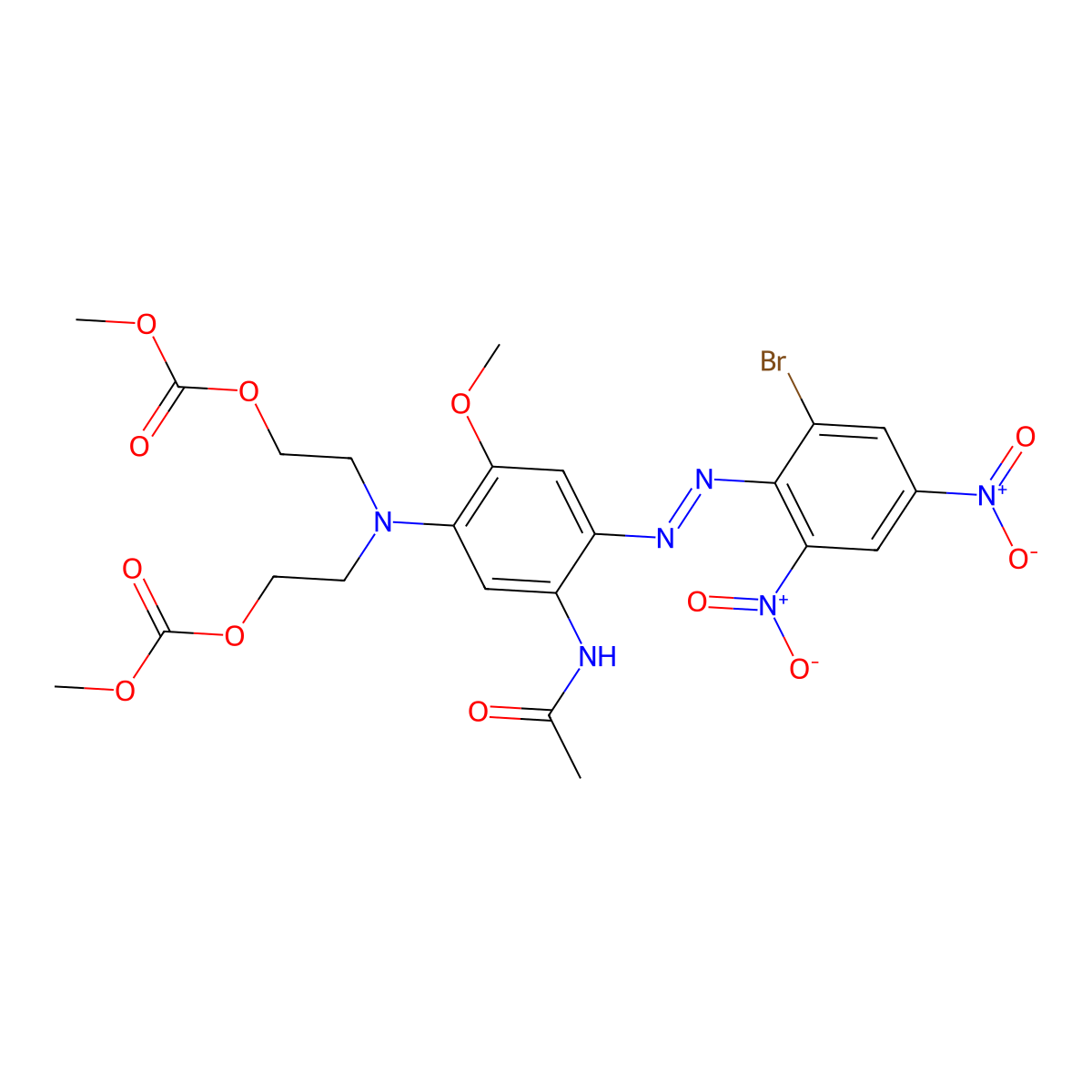 2,8,10-Trioxa-5-azaundecanoic acid, 5-(5-(acetylamino)-4-(2-(2-bromo-4,6-dinitrophenyl)diazenyl)-2-methoxyphenyl)-9-oxo-, methyl ester molecular structure, CAS 23422-33-5