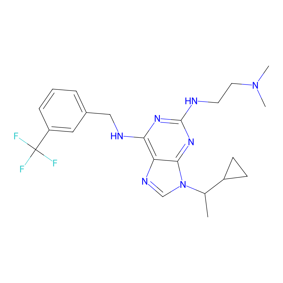 9-(1-Cyclopropylethyl)-N2-(2-(dimethylamino)ethyl)-N6-(3-(trifluoromethyl)benzyl)-9H-purine-2,6-diamine molecular structure, CAS 2342583-66-6