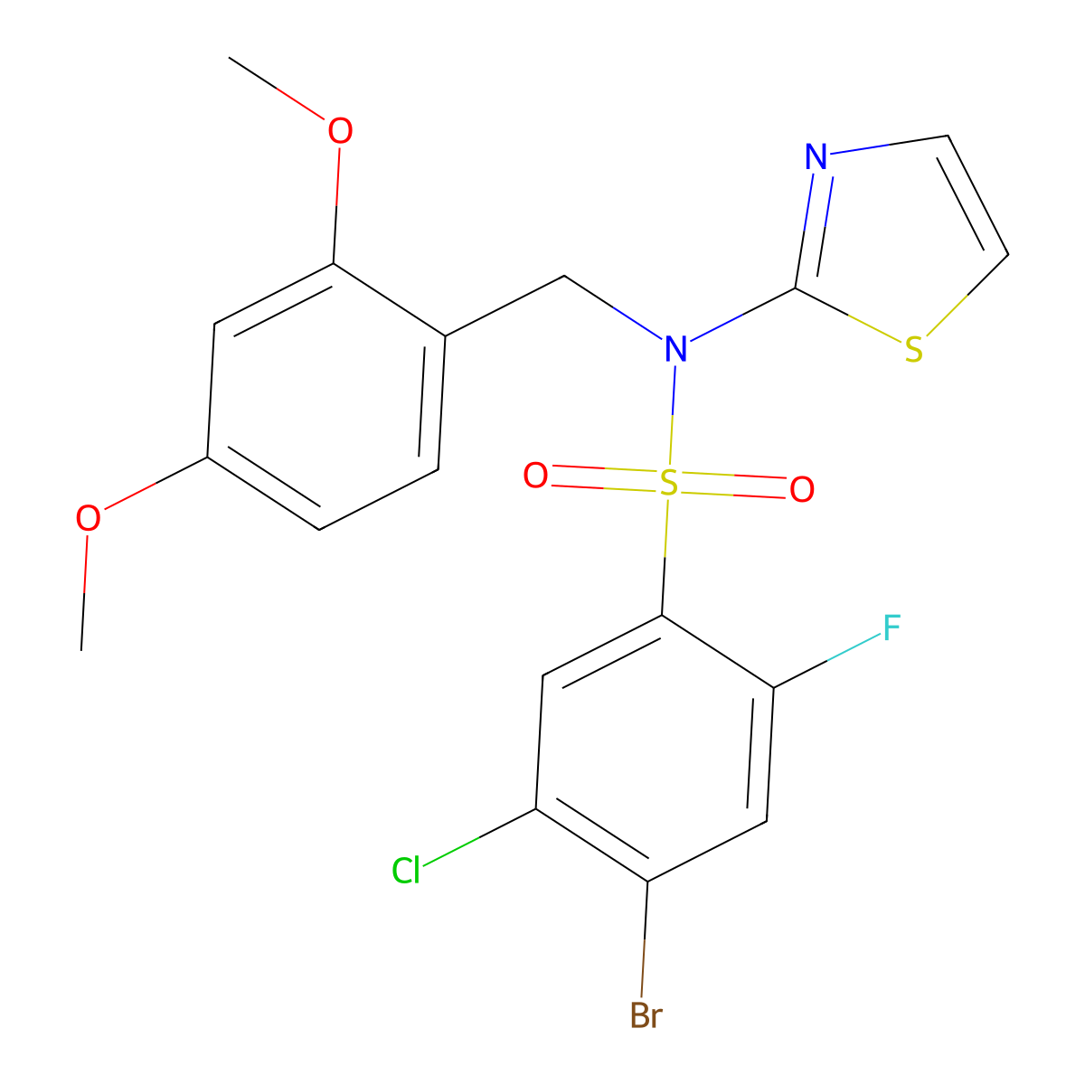 4-Bromo-5-chloro-N-(2,4-dimethoxybenzyl)-2-fluoro-N-(thiazol-2-yl)benzenesulfonamide molecular structure, CAS 2342604-44-6