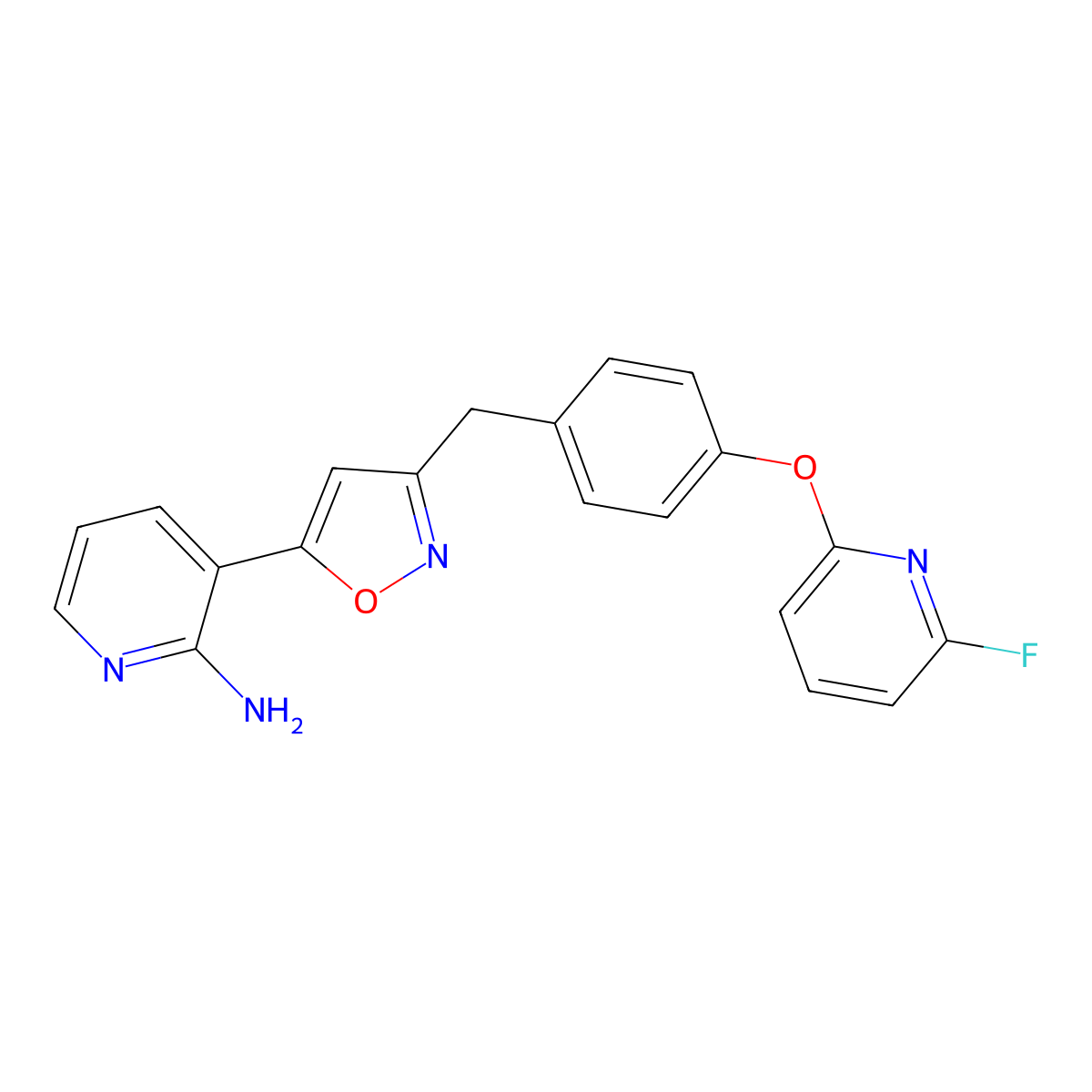 3-(3-((4-(6-Fluoropyridin-2-yl)oxyphenyl)methyl)-1,2-oxazol-5-yl)pyridin-2-amine molecular structure, CAS 2342606-49-7