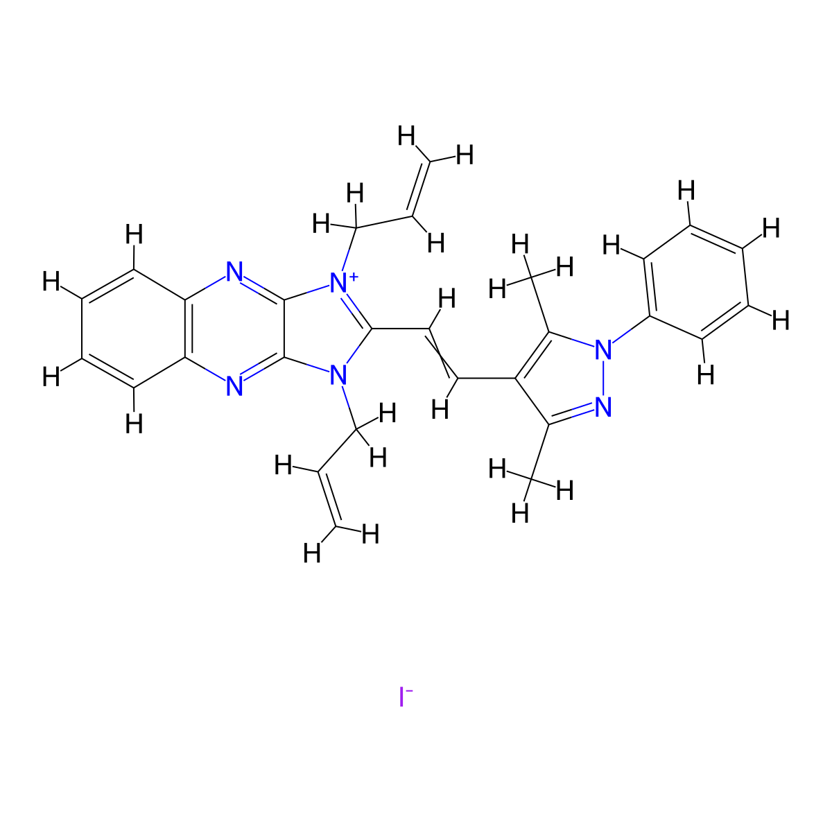 1H-Imidazo[4,5-b]quinoxalinium, 2-[2-(3,5-dimethyl-1-phenyl-1H-pyrazol-4-yl)ethenyl]-1,3-di-2-propen-1-yl-, iodide (1:1) molecular structure, CAS 23427-51-2