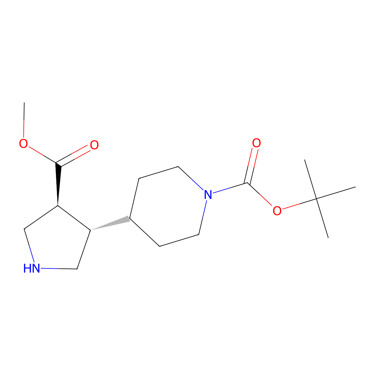 rac-tert-butyl 4-((3R,4R)-4-(methoxycarbonyl)pyrrolidin-3-yl)piperidine-1-carboxylate molecular structure, CAS 2343964-30-5