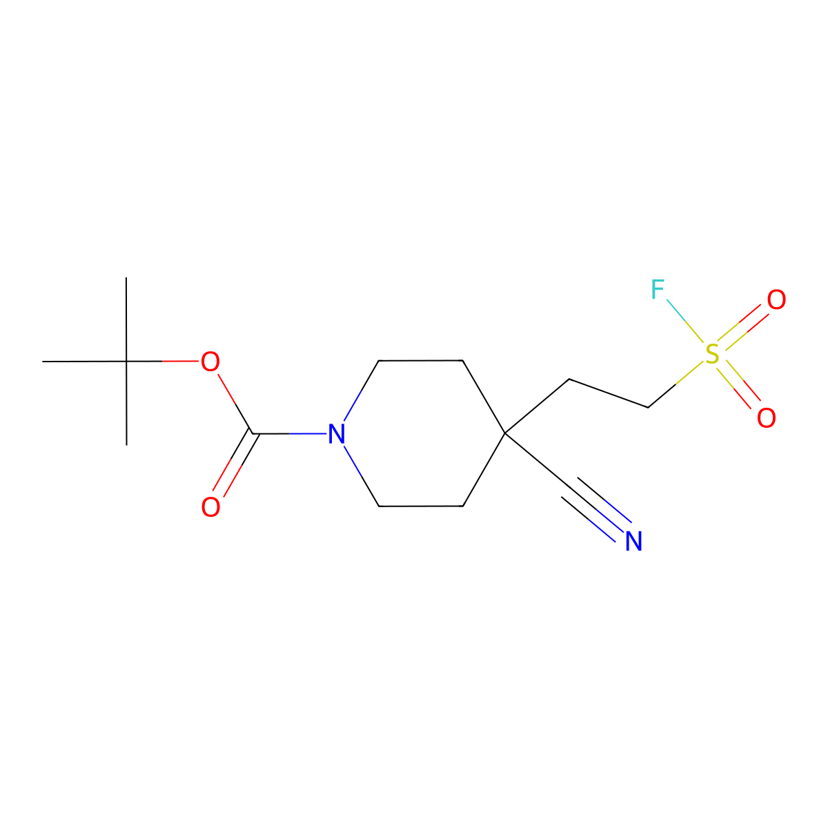 Tert-butyl 4-cyano-4-(2-(fluorosulfonyl)ethyl)piperidine-1-carboxylate molecular structure, CAS 2344679-08-7