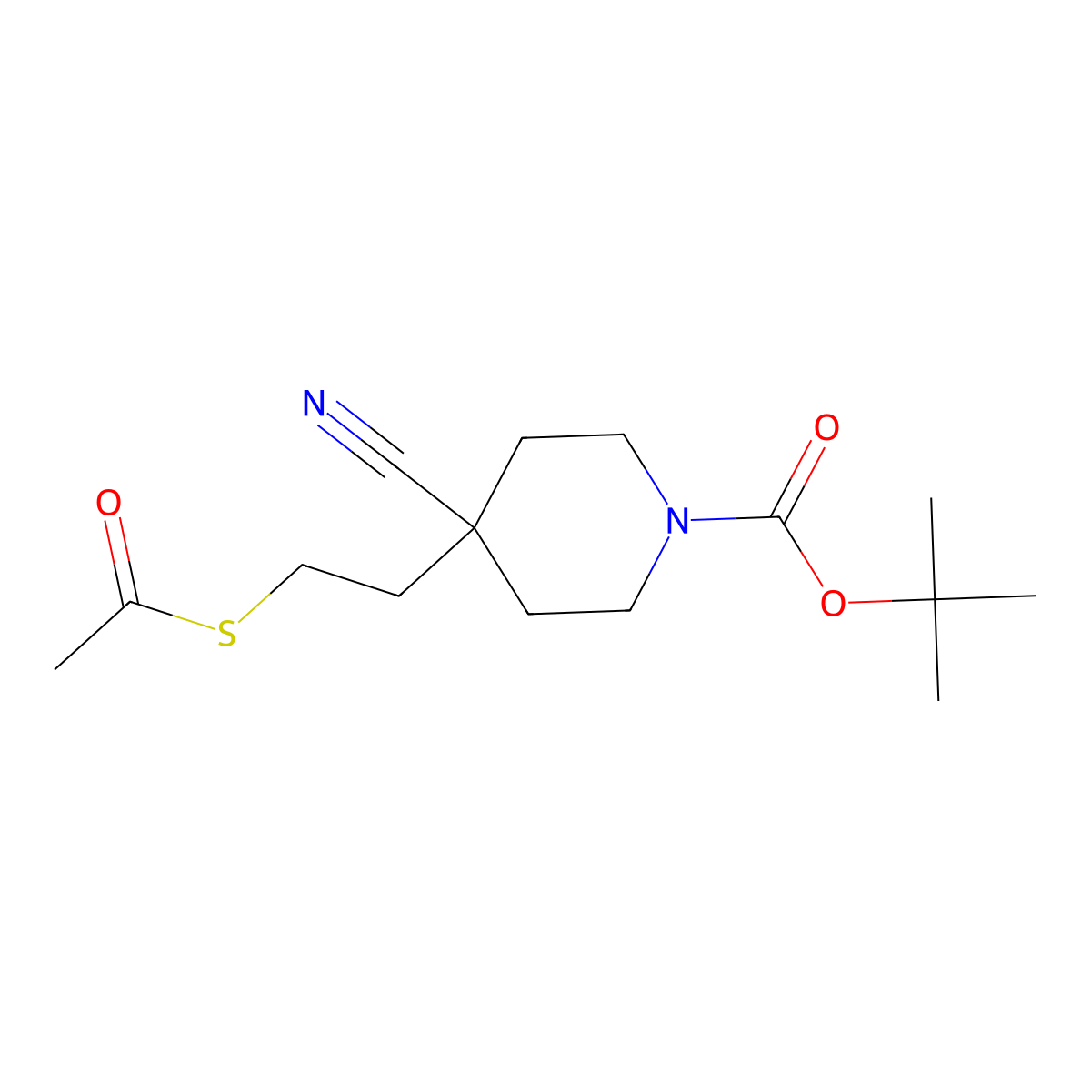Tert-butyl 4-[2-(acetylsulfanyl)ethyl]-4-cyanopiperidine-1-carboxylate molecular structure, CAS 2344681-20-3