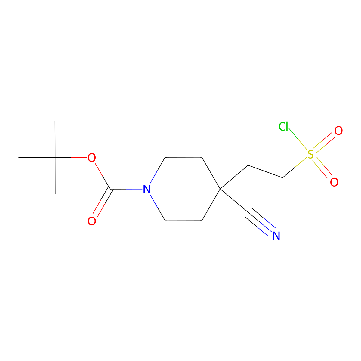 Tert-butyl 4-(2-(chlorosulfonyl)ethyl)-4-cyanopiperidine-1-carboxylate molecular structure, CAS 2344685-10-3