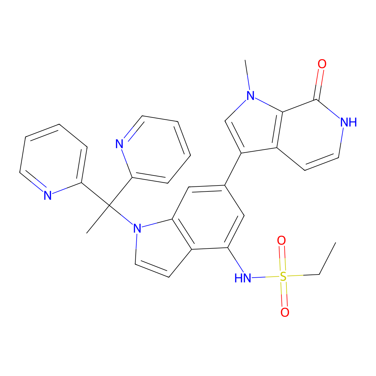 N-{1-[1,1-di(pyridin-2-yl)ethyl]-6-(1-methyl-7-oxo-6,7-dihydro-1H-pyrrolo[2,3-c]pyridin-3-yl)-1H-indol-4-yl}ethanesulfonamide molecular structure, CAS 2344825-52-9