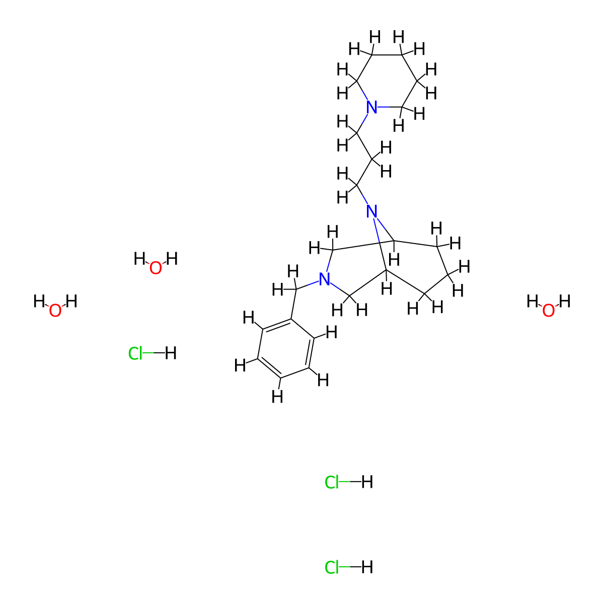 3,9-Diazabicyclo(3.3.1)nonane, 3-benzyl-9-(3-piperidinopropyl)-, hydrochloride, hydrate (1:3:3) molecular structure, CAS 23462-17-1
