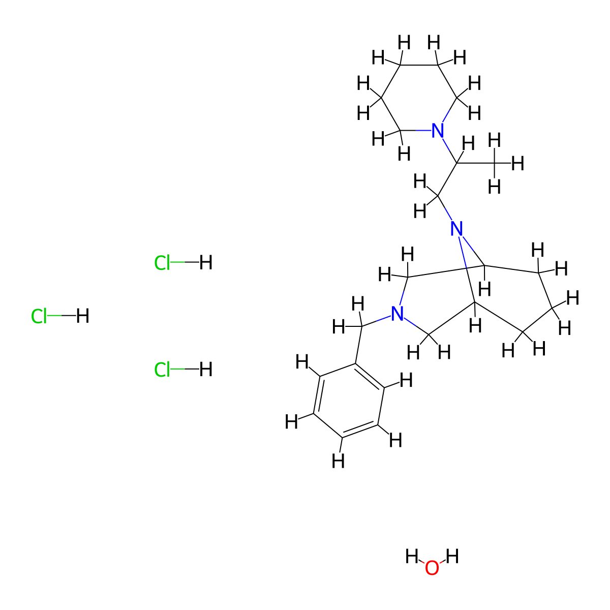 3,9-Diazabicyclo(3.3.1)nonane, 3-benzyl-9-(2-piperidinopropyl)-, trihydrochloride, hydrate molecular structure, CAS 23462-20-6