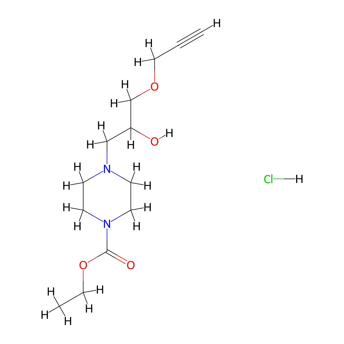 Ethyl 4-(2-hydroxy-3-(prop-2-yn-1-yloxy)propyl)piperazine-1-carboxylate hydrochloride molecular structure, CAS 23464-24-6