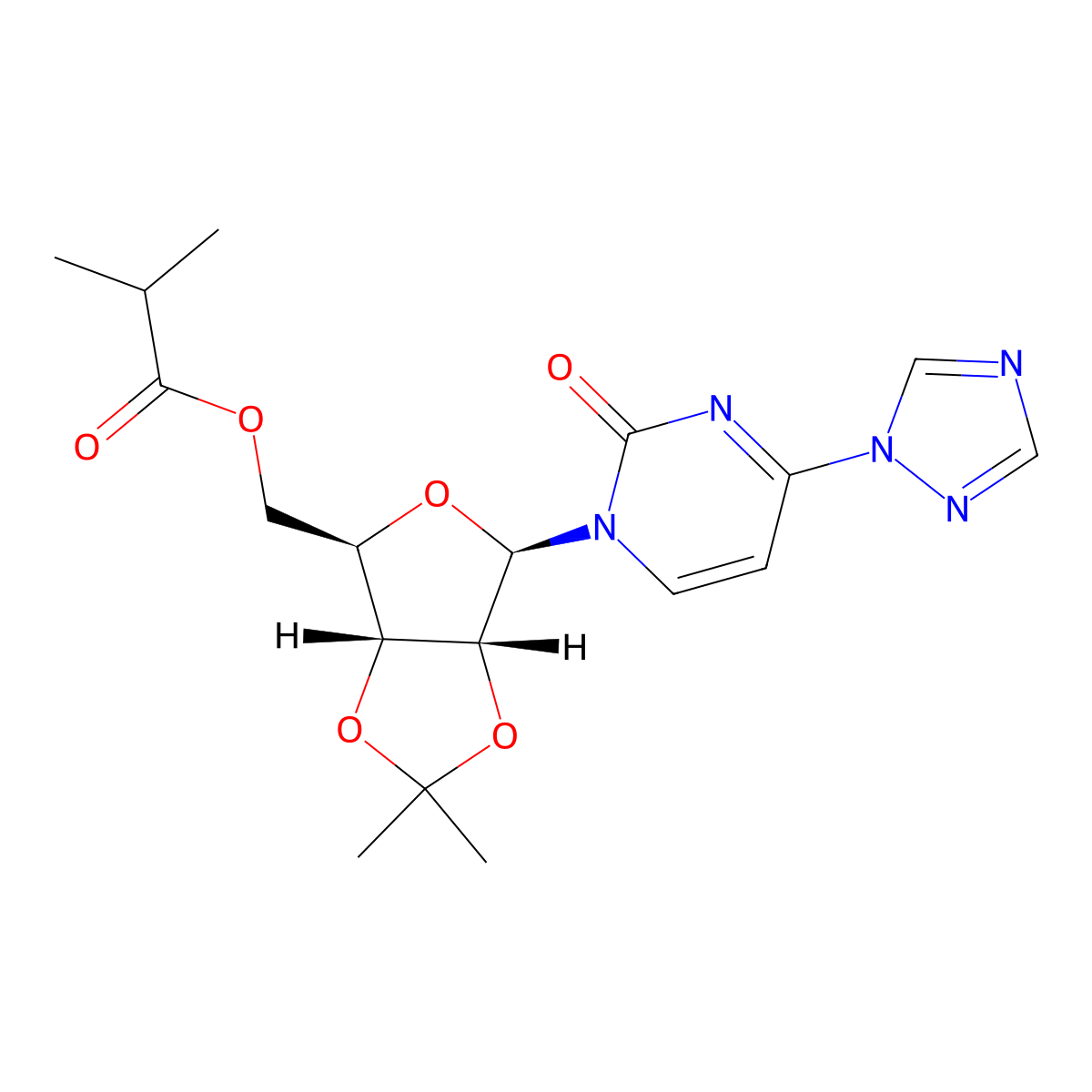 ((3aR,4R,6R,6aR)-2,2-Dimethyl-6-(2-oxo-4-(1H-1,2,4-triazol-1-yl)pyrimidin-1(2H)-yl)tetrahydro-2H-furo(3,4-d)(1,3)dioxol-4-yl)methyl 2-methylpropanoate molecular structure, CAS 2346620-54-8