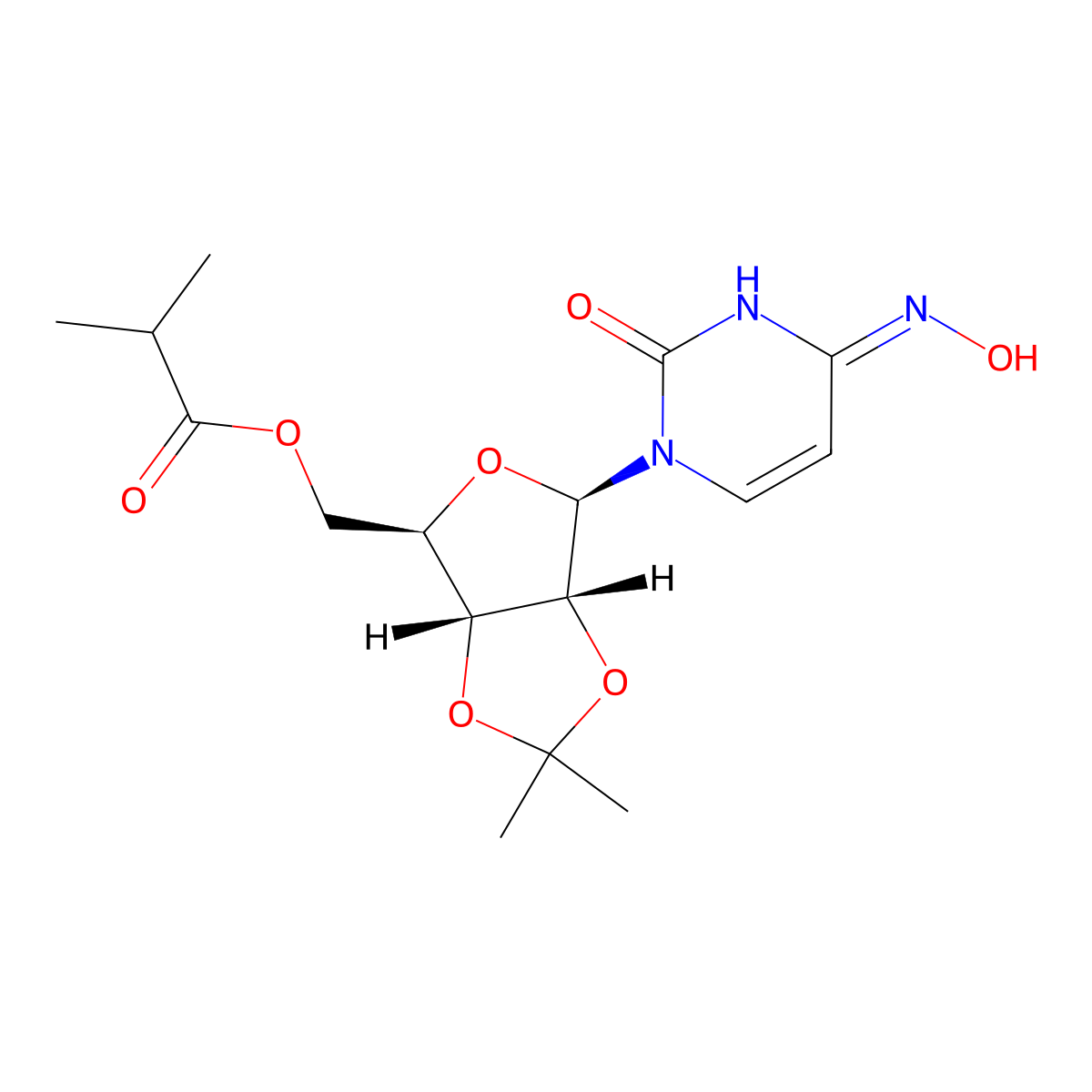 ((3aR,4R,6R,6aR)-6-((4Z)-4-(Hydroxyimino)-2-oxo-3,4-dihydropyrimidin1(2H)-yl)-2,2-dimethyltetrahydro-2H-furo(3,4-d)(1,3)dioxol-4-yl)methyl2methylpropanoate molecular structure, CAS 2346620-55-9