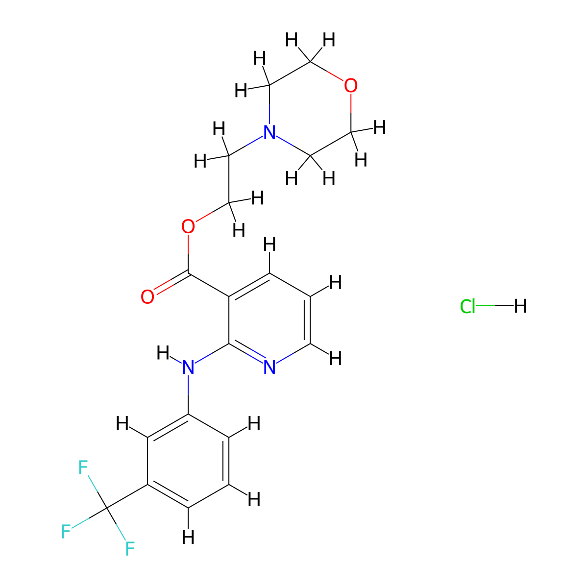 3-Pyridinecarboxylic acid, 2-((3-(trifluoromethyl)phenyl)amino)-, 2-(4-morpholinyl)ethyl ester, hydrochloride (1:1) molecular structure, CAS 23476-71-3