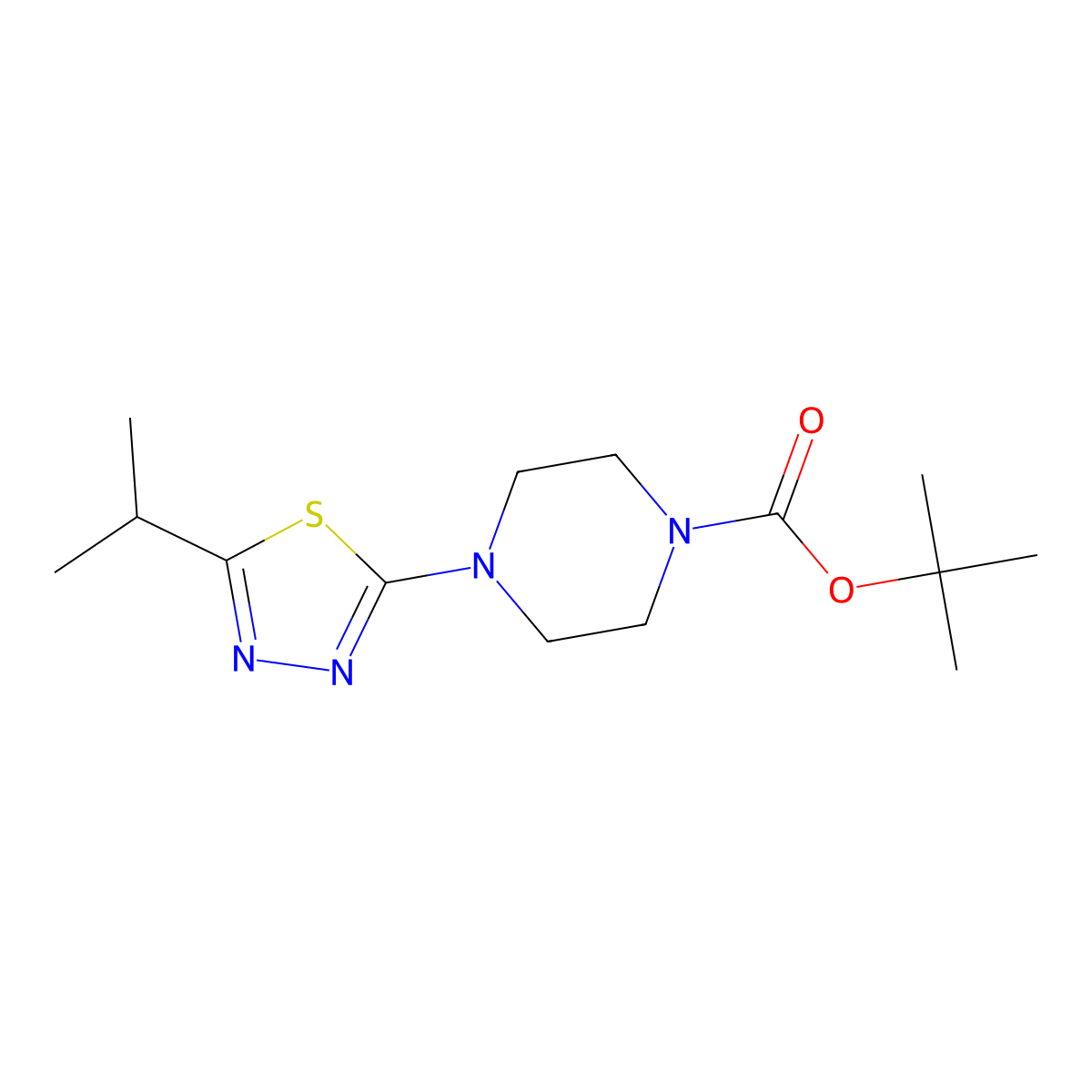 Tert-butyl 4-[5-(propan-2-yl)-1,3,4-thiadiazol-2-yl]piperazine-1-carboxylate molecular structure, CAS 2347821-51-4