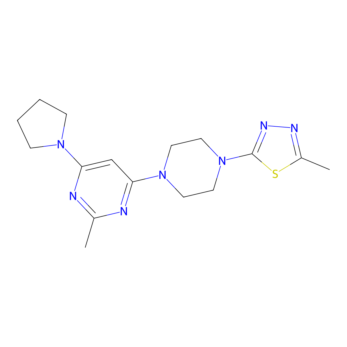 2-Methyl-4-[4-(5-methyl-1,3,4-thiadiazol-2-yl)piperazin-1-yl]-6-(pyrrolidin-1-yl)pyrimidine molecular structure, CAS 2347842-07-1