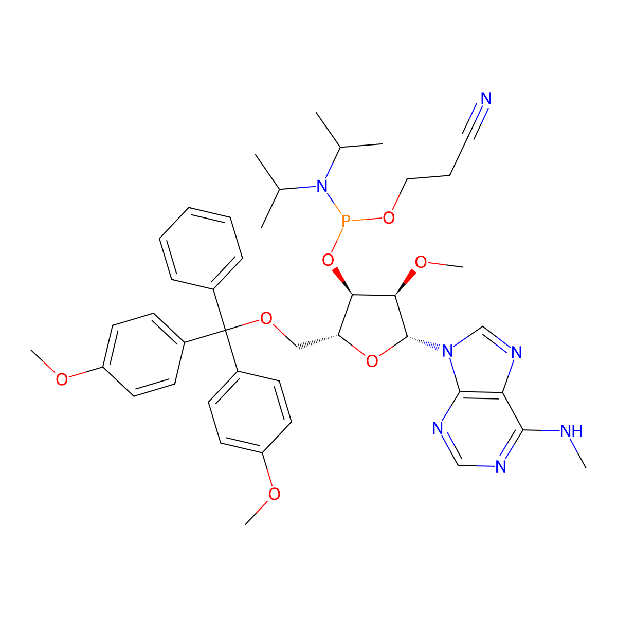 5'-O-(4,4'-Dimethoxytrityl)-2'-O-methyl-N6-methyladenosine 3'-CED phosphoramidite molecular structure, CAS 2348385-04-4