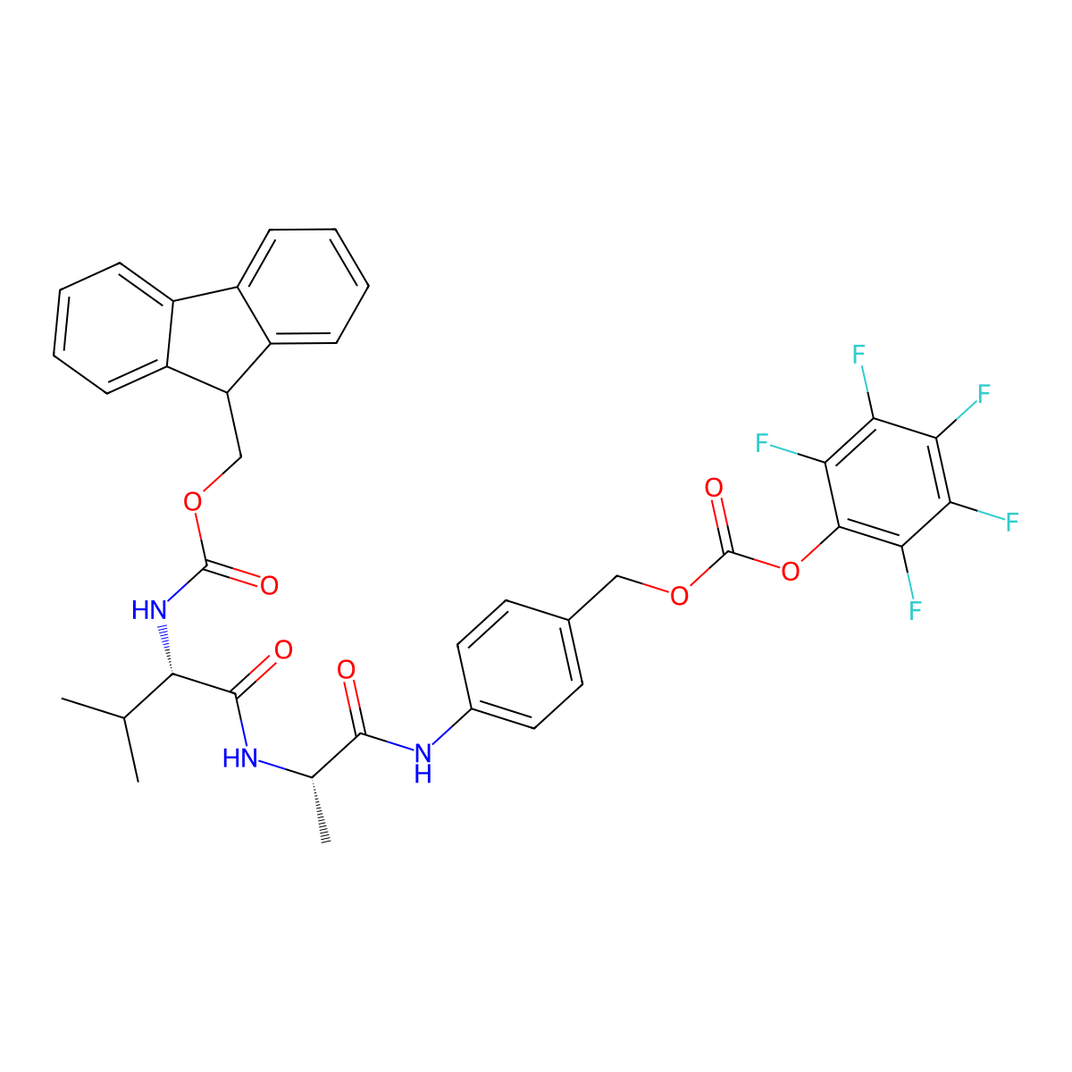 (9H-Fluoren-9-yl)methyl ((S)-3-methyl-1-oxo-1-(((S)-1-oxo-1-((4-((((perfluorophenoxy)carbonyl)oxy)methyl)phenyl)amino)propan-2-yl)amino)butan-2-yl)carbamate molecular structure, CAS 2348406-01-7