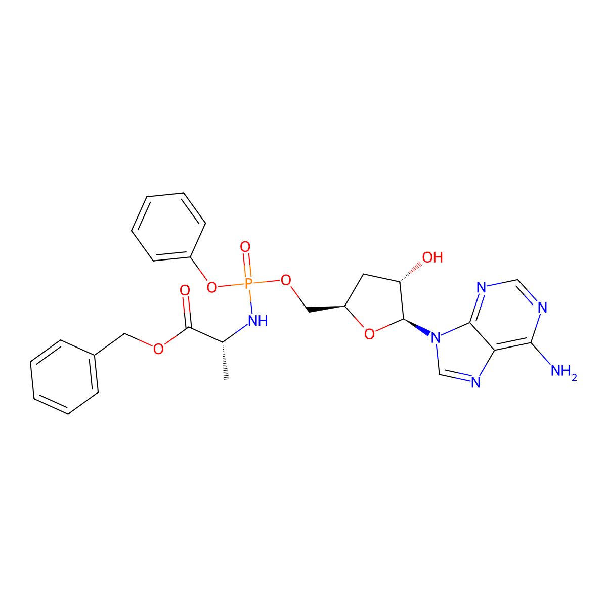 benzyl (2R)-2-[[[(2R,4S,5S)-5-(6-aminopurin-9-yl)-4-hydroxyoxolan-2-yl]methoxy-phenoxyphosphoryl]amino]propanoate molecular structure, CAS 2348493-39-8