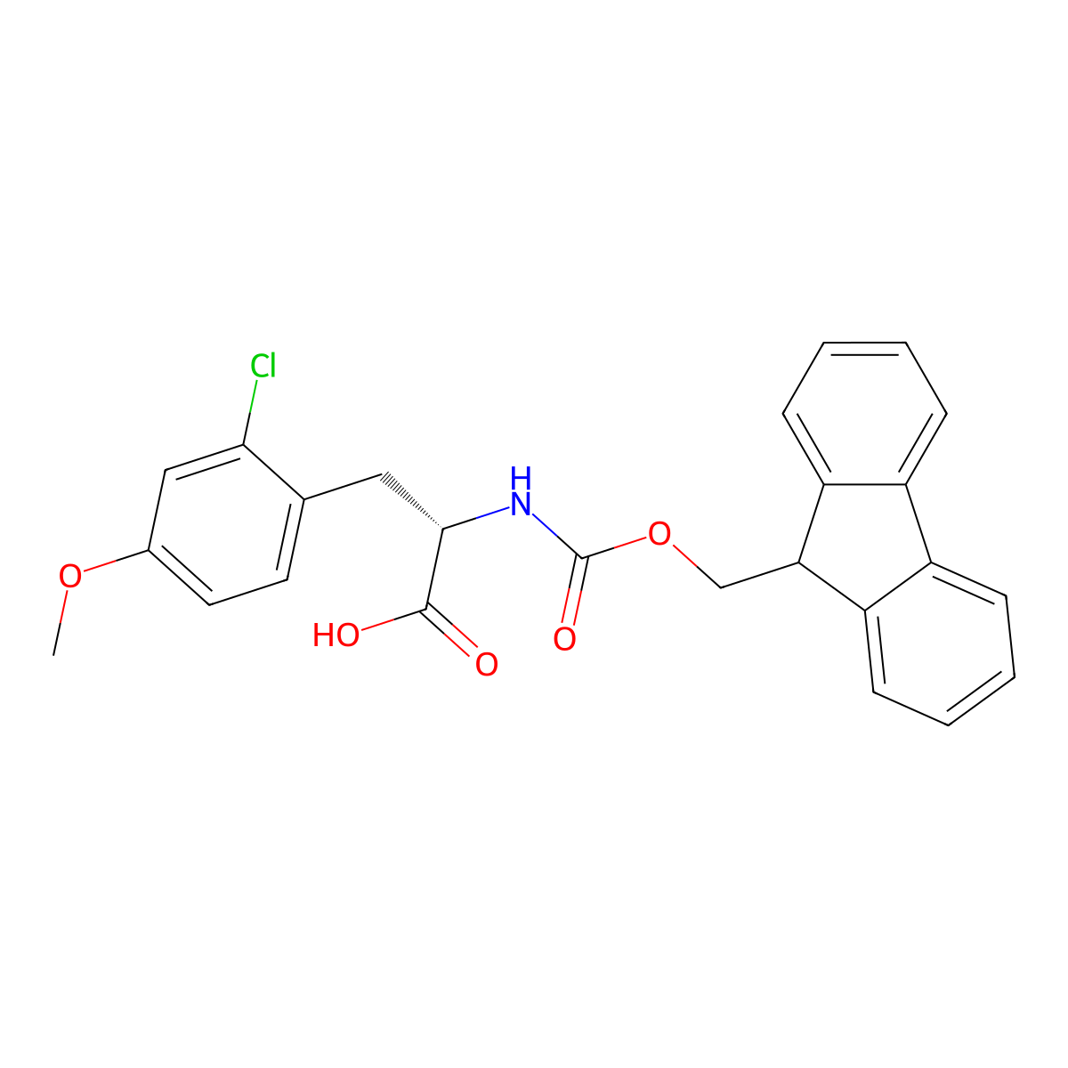 (S)-2-((((9H-Fluoren-9-yl)methoxy)carbonyl)amino)-3-(2-chloro-4-methoxyphenyl)propanoic acid molecular structure, CAS 2349340-78-7