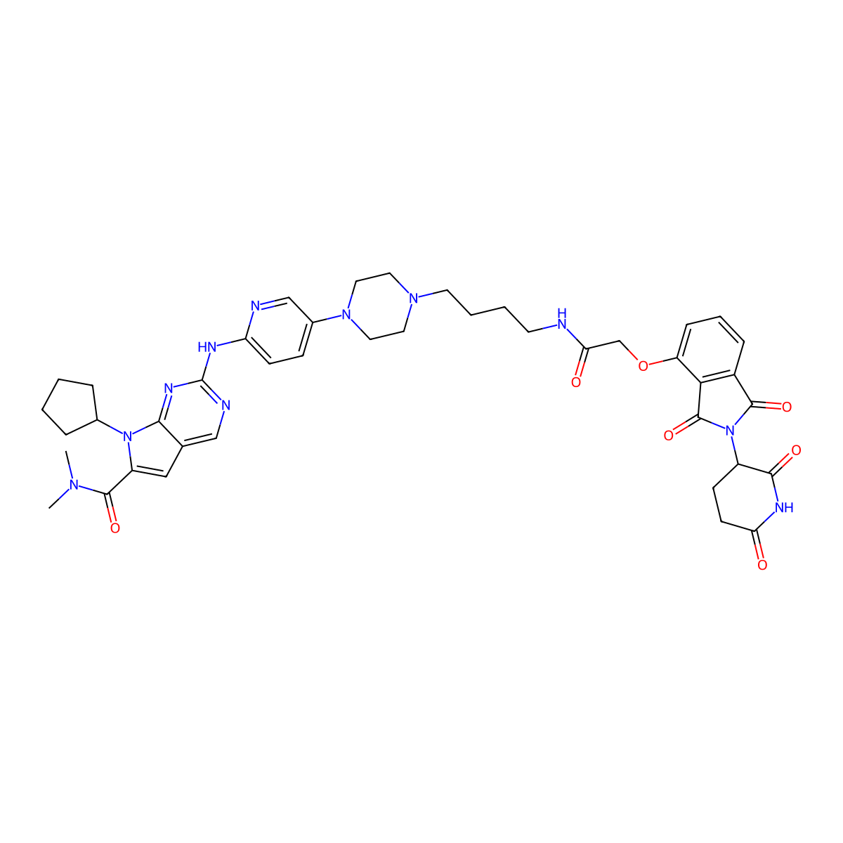 7-cyclopentyl-2-((5-(4-(4-(2-((2-(2,6-dioxopiperidin-3-yl)-1,3-dioxoisoindolin-4-yl)oxy)acetamido)butyl)piperazin-1-yl)pyridin-2-yl)amino)-N,N-dimethyl-7H-pyrrolo[2,3-d]pyrimidine-6-carboxamide molecular structure, CAS 2349356-39-2
