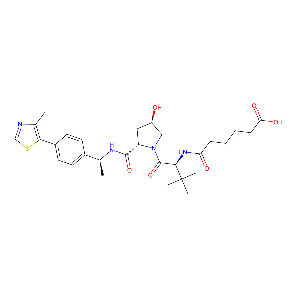 6-(((S)-1-((2S,4R)-4-hydroxy-2-(((S)-1-(4-(4-methylthiazol-5-yl)phenyl)ethyl)carbamoyl)pyrrolidin-1-yl)-3,3-dimethyl-1-oxobutan-2-yl)amino)-6-oxohexanoic acid molecular structure, CAS 2349429-73-6
