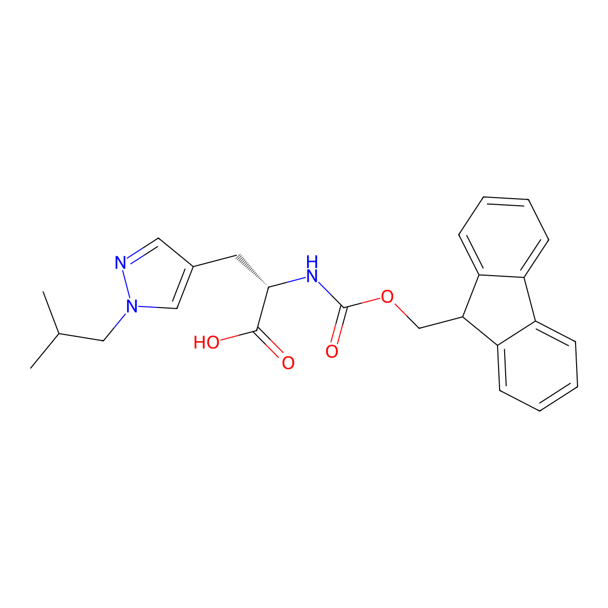 (2S)-2-(9H-fluoren-9-ylmethoxycarbonylamino)-3-(1-isobutylpyrazol-4-yl)propanoic acid molecular structure, CAS 2349567-10-6
