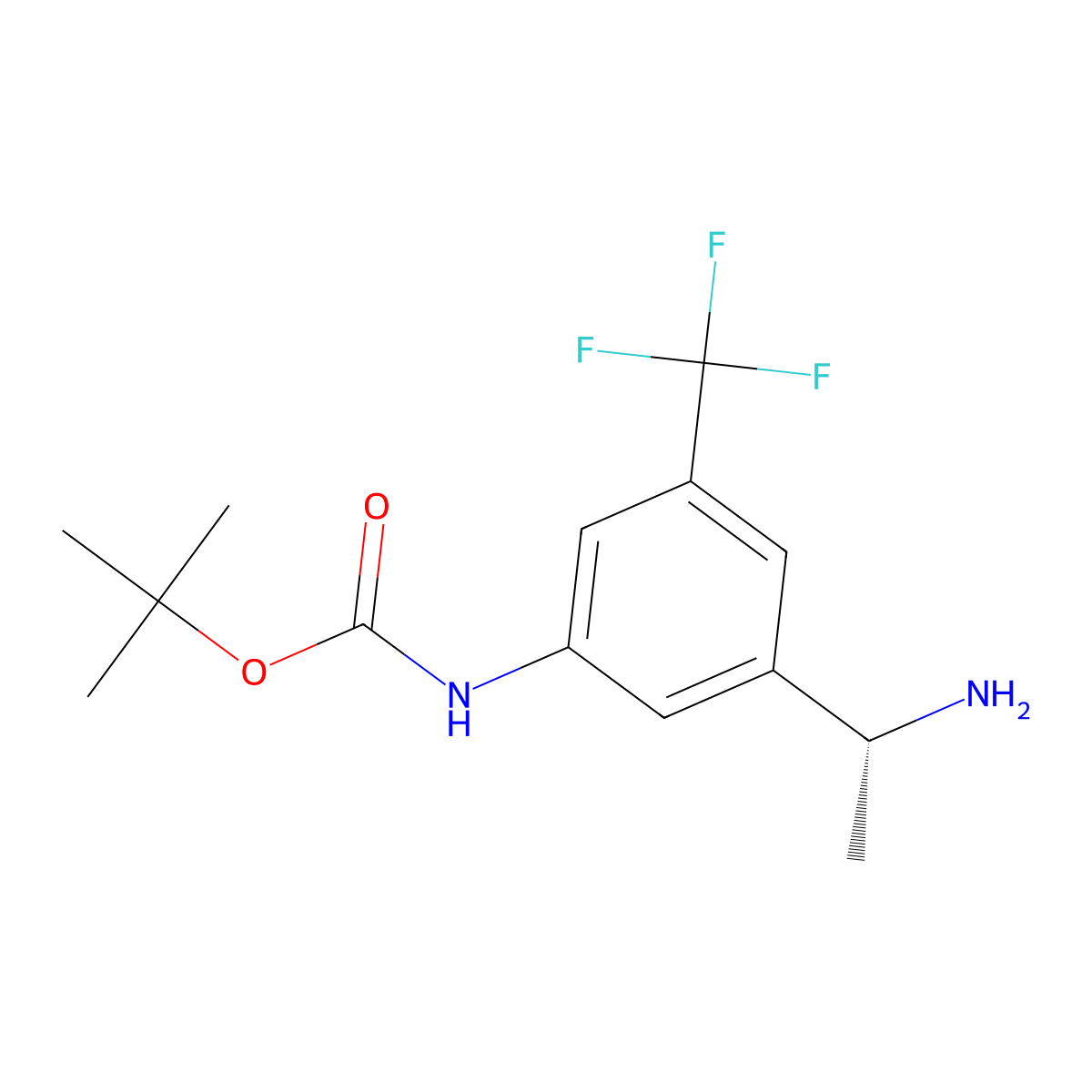 tert-butyl (R)-(3-(1-aminoethyl)-5-(trifluoromethyl)phenyl)carbamate molecular structure, CAS 2349585-62-0