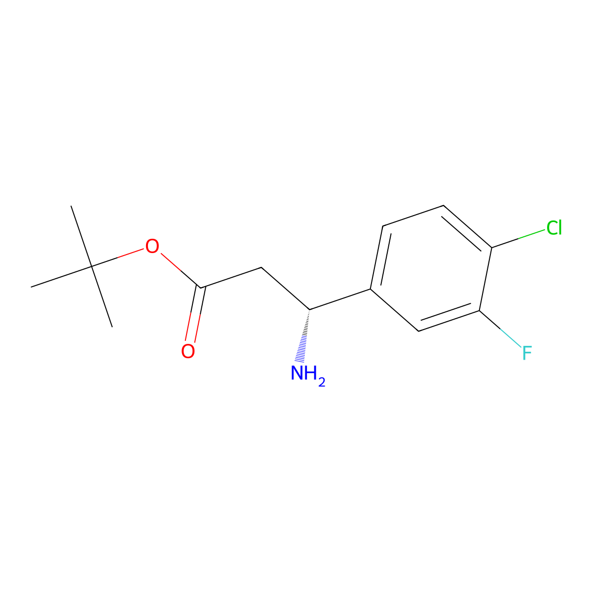 tert-butyl (3R)-3-amino-3-(4-chloro-3-fluorophenyl)propanoate molecular structure, CAS 2350009-42-4