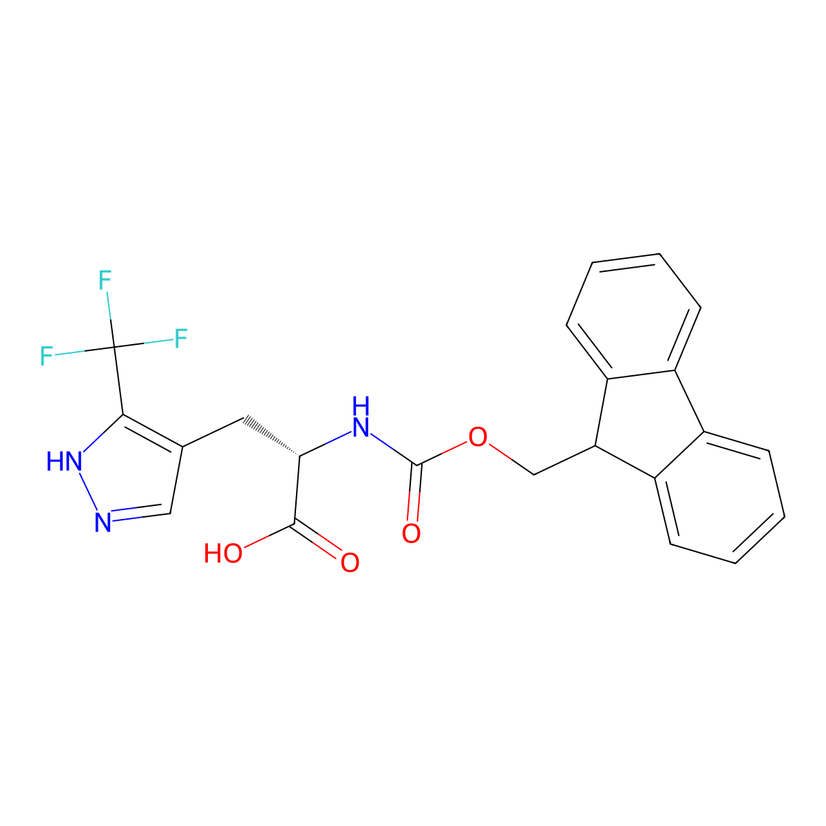 (2S)-2-({[(9H-fluoren-9-yl)methoxy]carbonyl}amino)-3-[5-(trifluoromethyl)-1H-pyrazol-4-yl]propanoic acid molecular structure, CAS 2350015-61-9