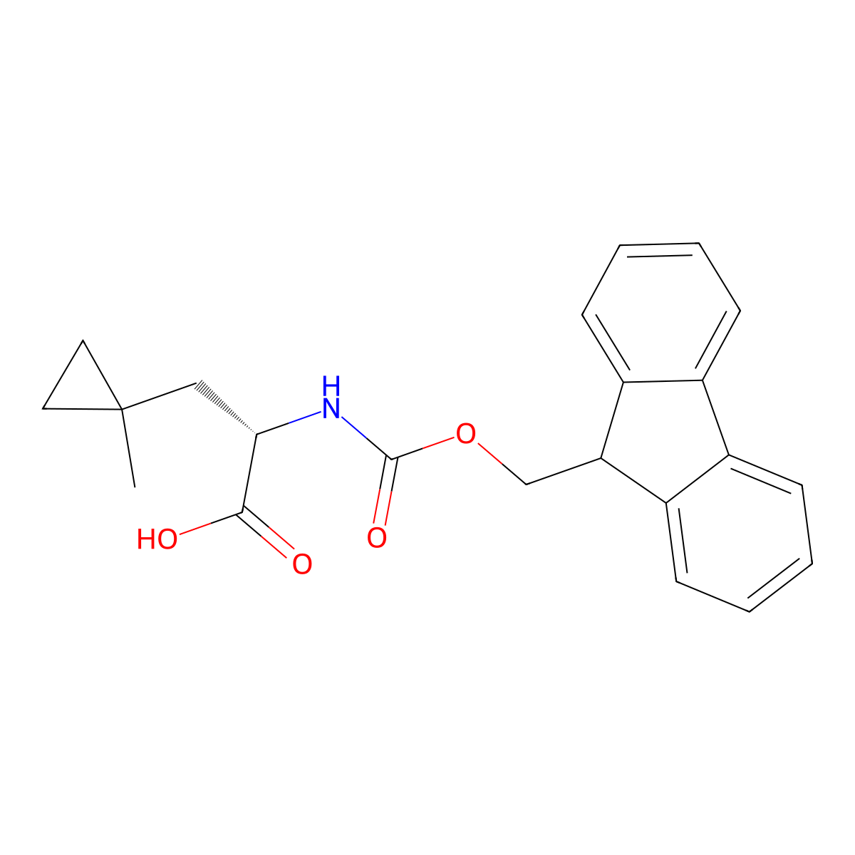 (S)-2-((((9H-Fluoren-9-yl)methoxy)carbonyl)amino)-3-(1-methylcyclopropyl)propanoic acid molecular structure, CAS 2350203-57-3