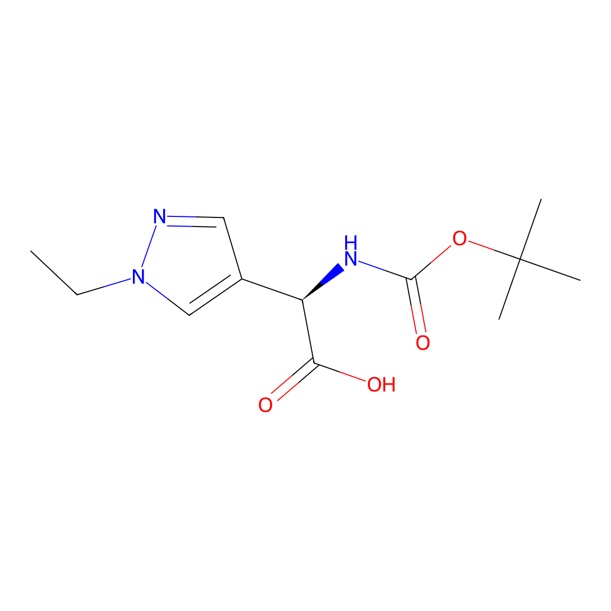 (R)-2-((Tert-butoxycarbonyl)amino)-2-(1-ethyl-1H-pyrazol-4-YL)acetic acid molecular structure, CAS 2350214-94-5