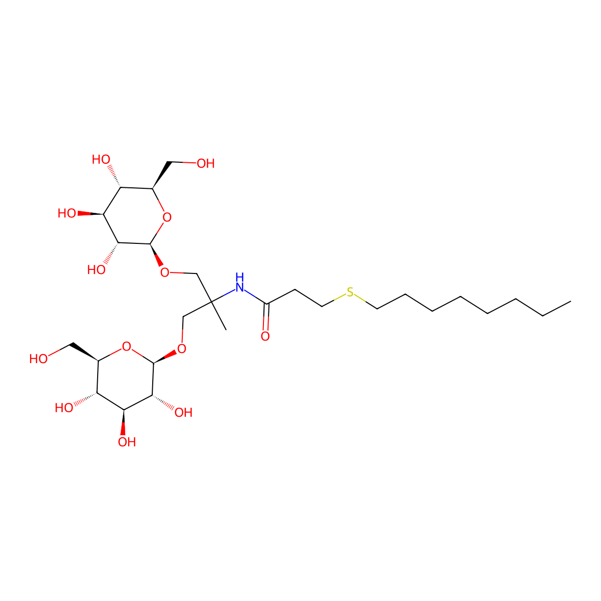 N-(2-methyl-1,3-bis((3R,4S,5S-trihydroxy-6R-(hydroxymethyl)tetrahydro-2H-pyran-2R-yl)oxy)propan-2-yl)-3-(octylthio)propanamide molecular structure, CAS 2350271-85-9