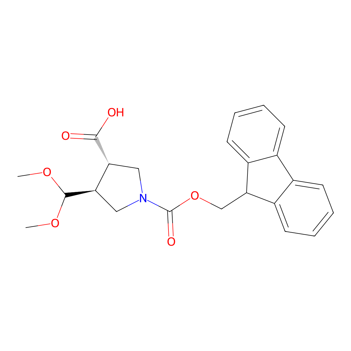 rac-(3R,4R)-4-(dimethoxymethyl)-1-{[(9H-fluoren-9-yl)methoxy]carbonyl}pyrrolidine-3-carboxylic acid molecular structure, CAS 2350578-77-5