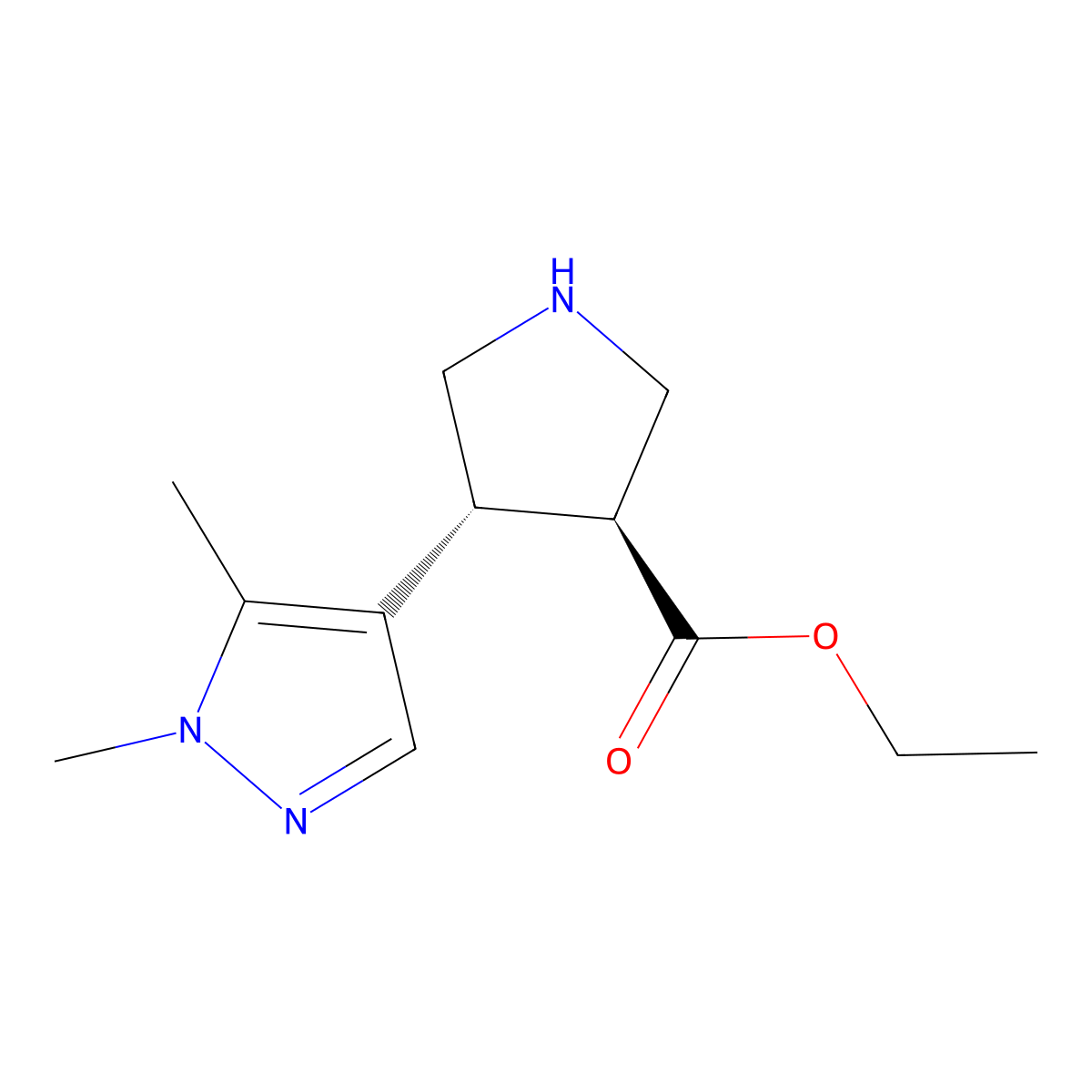 rac-ethyl (3R,4S)-4-(1,5-dimethyl-1H-pyrazol-4-yl)pyrrolidine-3-carboxylate molecular structure, CAS 2350631-05-7