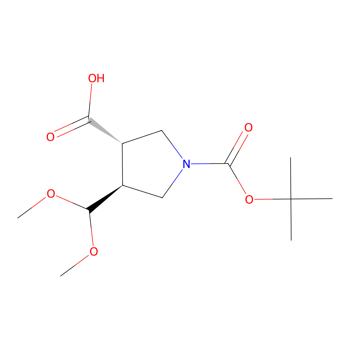 rac-(3R,4R)-1-[(tert-butoxy)carbonyl]-4-(dimethoxymethyl)pyrrolidine-3-carboxylic acid molecular structure, CAS 2350771-33-2