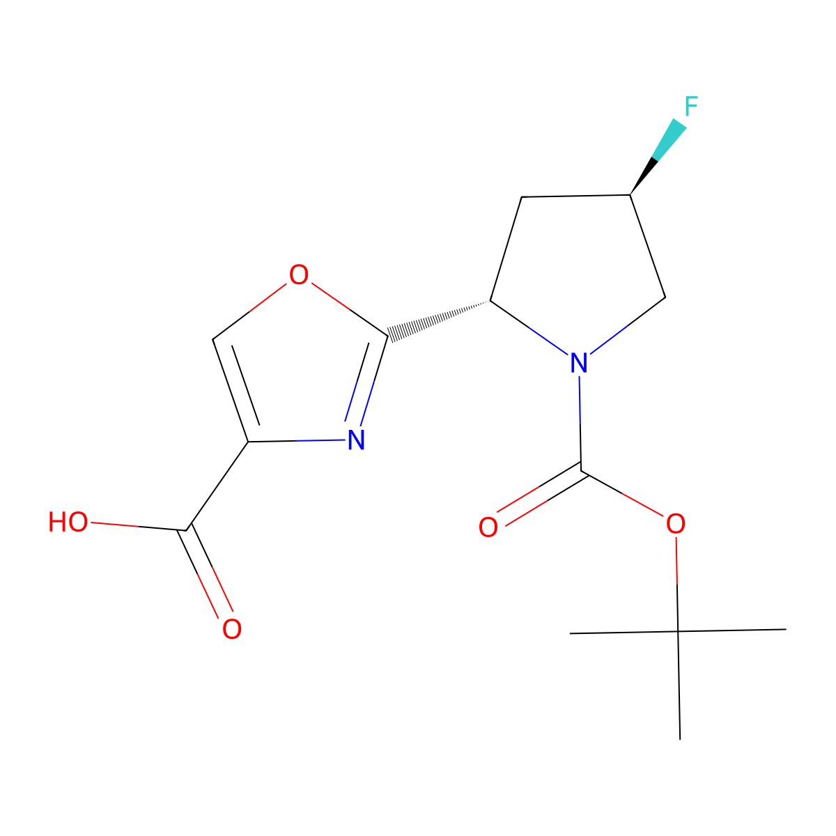 2-[(2S,4R)-1-[(tert-butoxy)carbonyl]-4-fluoropyrrolidin-2-yl]-1,3-oxazole-4-carboxylic acid molecular structure, CAS 2350824-27-8