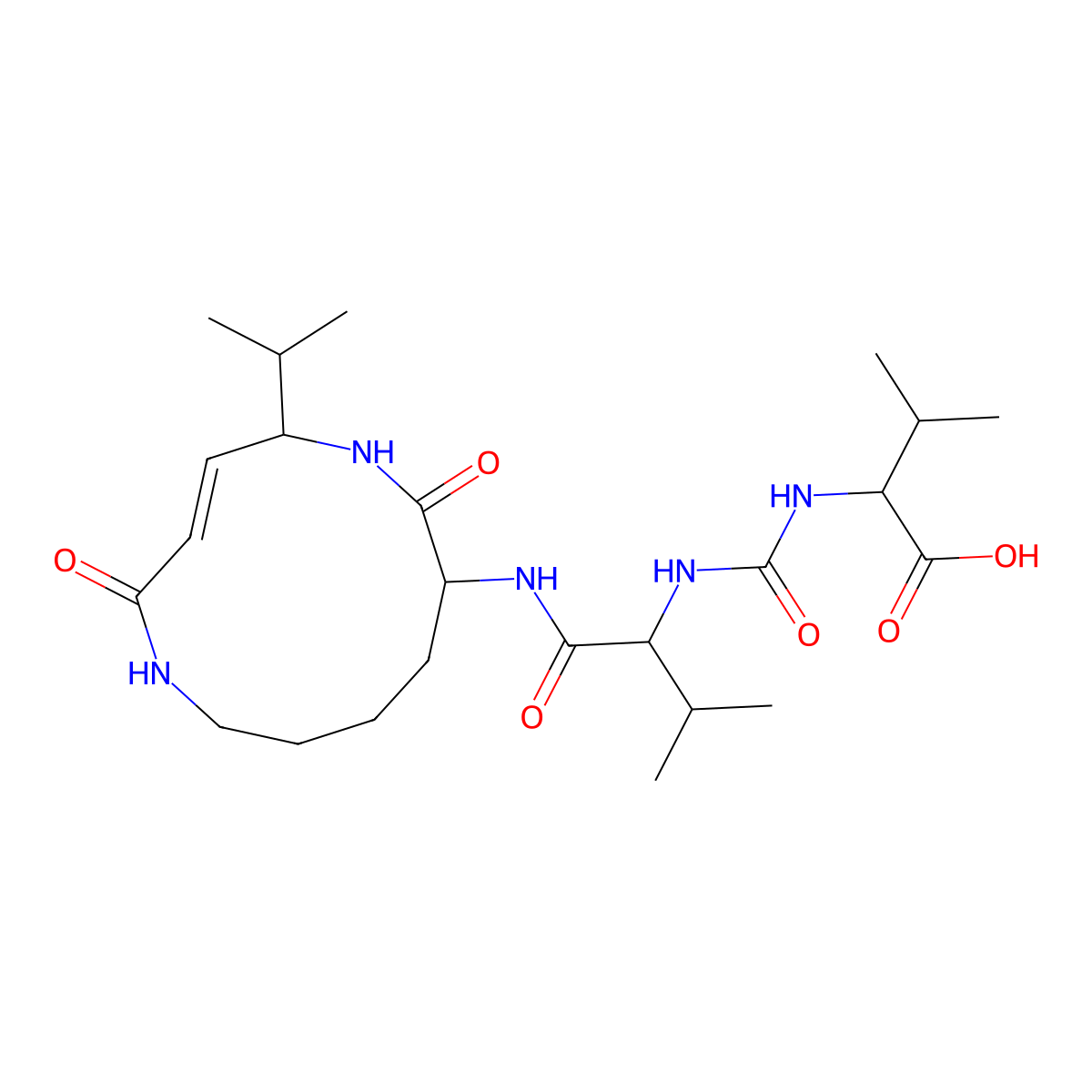 2-[[1-[[(3E)-2,7-dioxo-5-propan-2-yl-1,6-diazacyclododec-3-en-8-yl]amino]-3-methyl-1-oxobutan-2-yl]carbamoylamino]-3-methylbutanoic acid molecular structure, CAS 235096-66-9