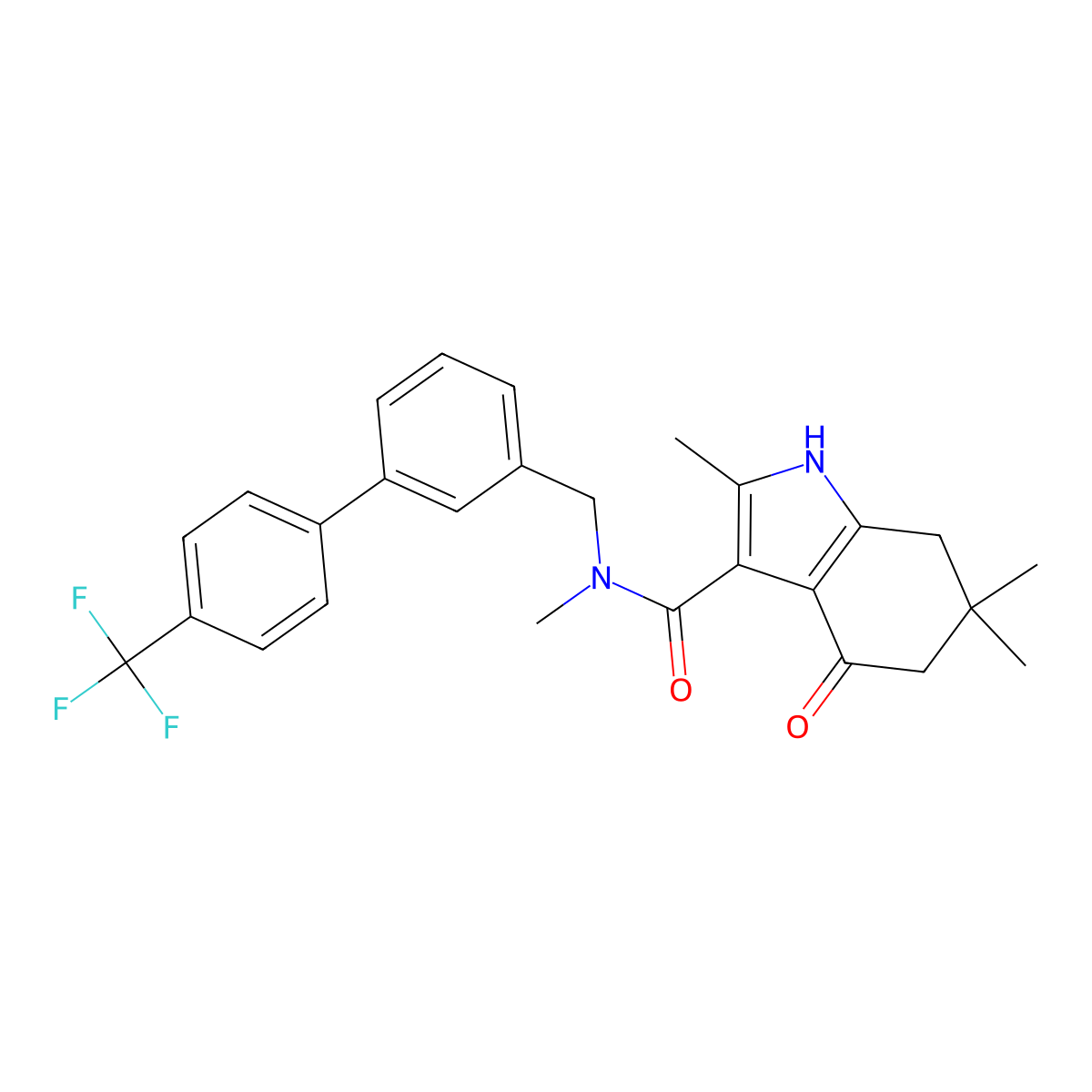 N,2,6,6-tetramethyl-4-oxo-N-[[3-[4-(trifluoromethyl)phenyl]phenyl]methyl]-5,7-dihydro-1H-indole-3-carboxamide molecular structure, CAS 2351149-20-5
