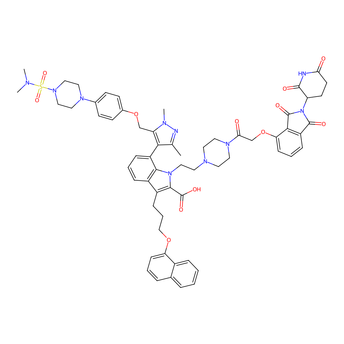 7-[5-[[4-[4-(Dimethylsulfamoyl)piperazin-1-yl]phenoxy]methyl]-1,3-dimethylpyrazol-4-yl]-1-[2-[4-[2-[2-(2,6-dioxopiperidin-3-yl)-1,3-dioxoisoindol-4-yl]oxyacetyl]piperazin-1-yl]ethyl]-3-(3-naphthalen-1-yloxypropyl)indole-2-carboxylic acid molecular structure, CAS 2351218-88-5