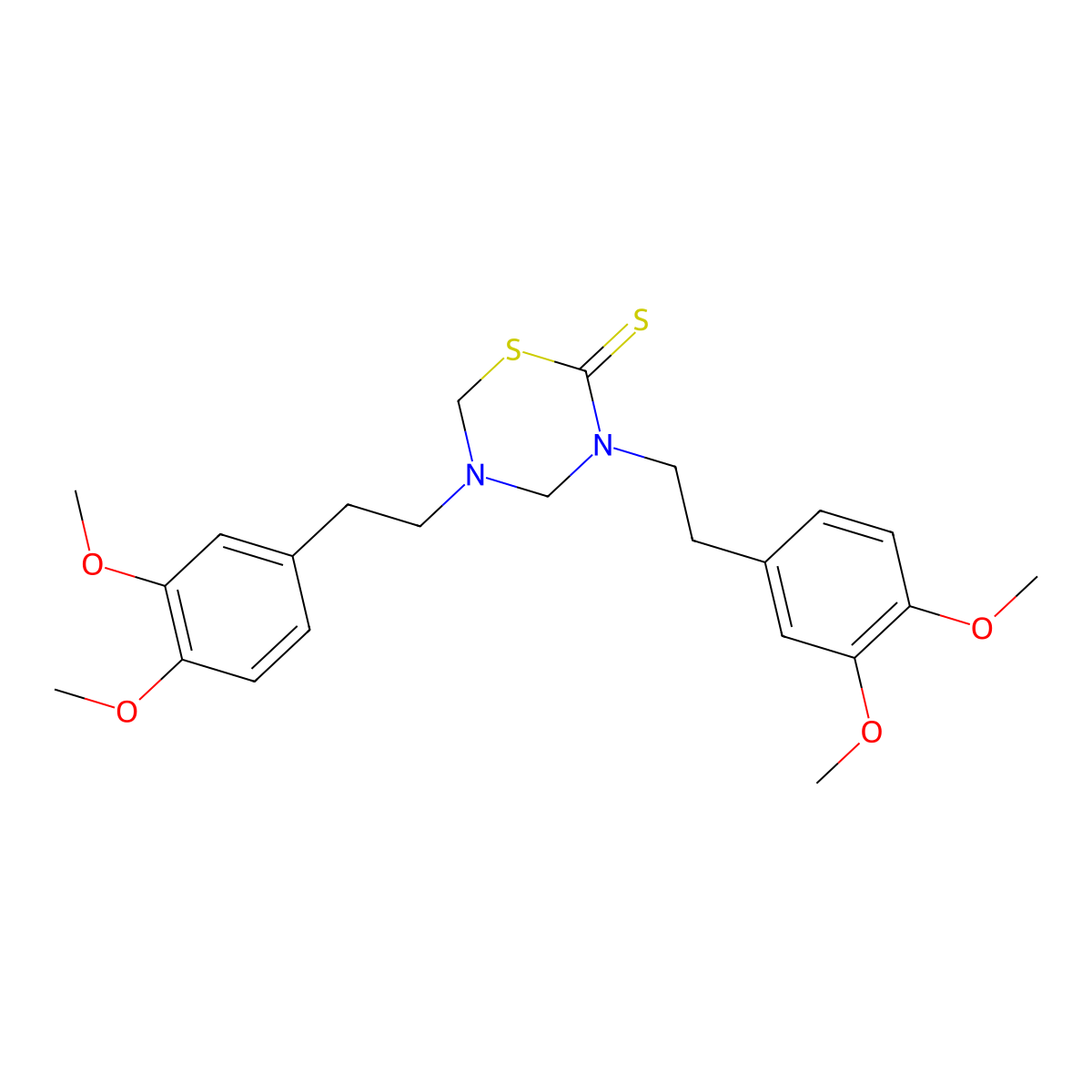 2H-1,3,5-Thiadiazine-2-thione, tetrahydro-3,5-bis(3,4-dimethoxyphenethyl)- molecular structure, CAS 23514-98-9