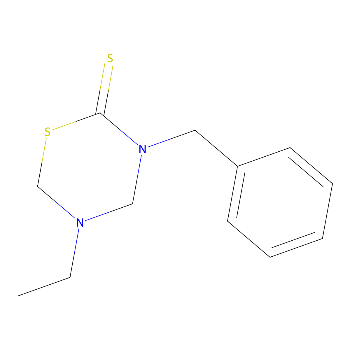 2H-1,3,5-Thiadiazine-2-thione, tetrahydro-5-ethyl-3-(phenylmethyl)- molecular structure, CAS 23515-00-6