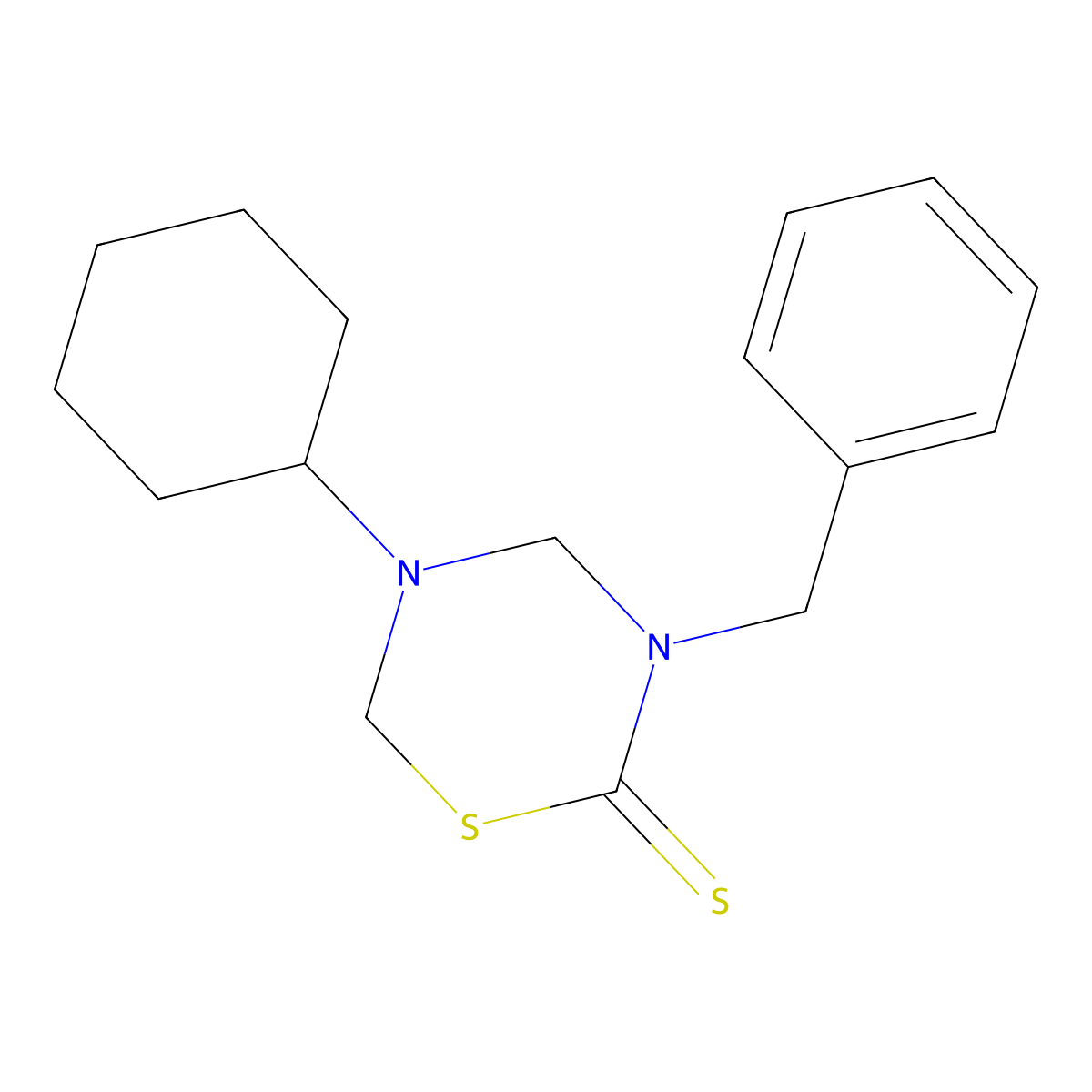 2H-1,3,5-Thiadiazine-2-thione, tetrahydro-5-cyclohexyl-3-(phenylmethyl)- molecular structure, CAS 23515-03-9