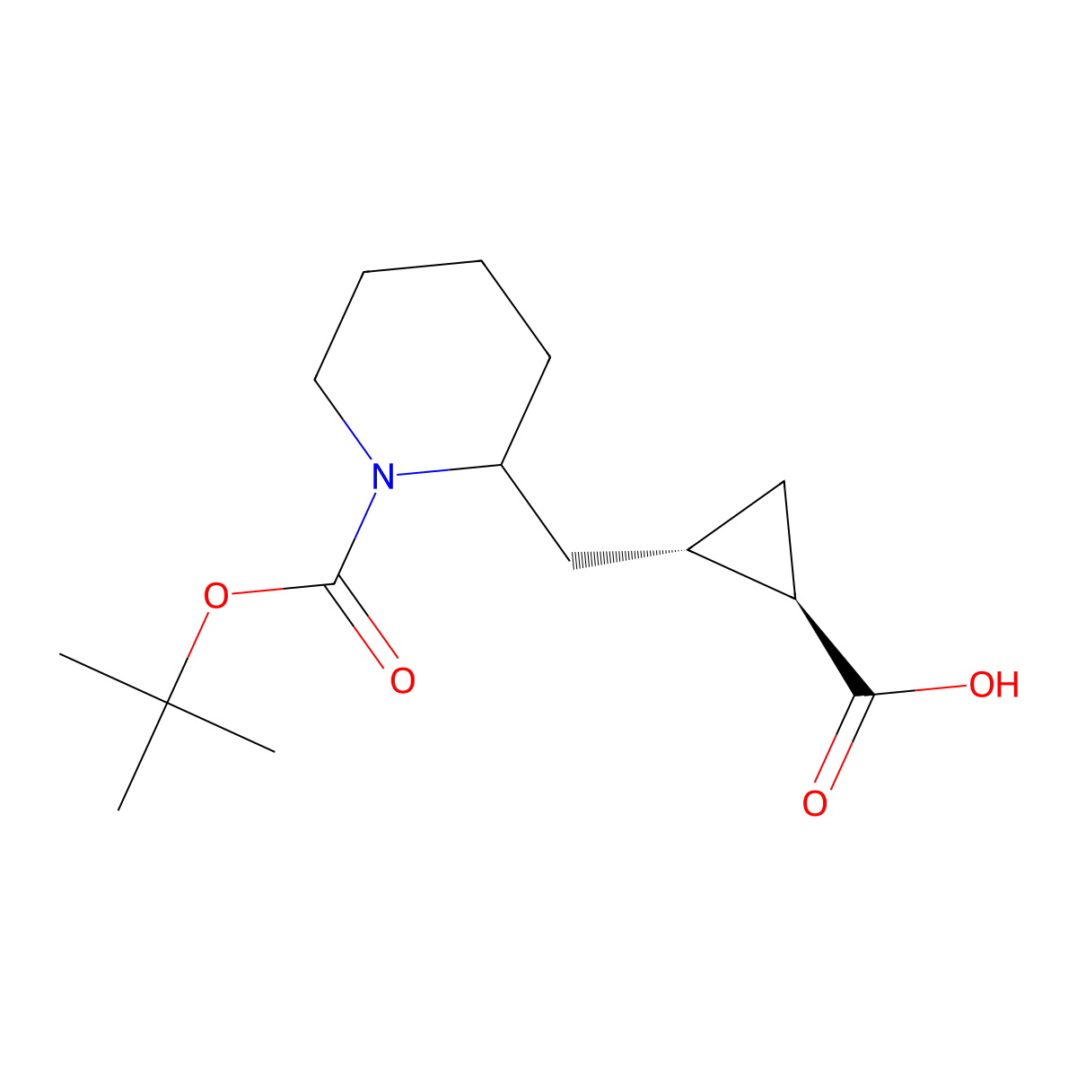 rac-(1R,2S)-2-({1-[(tert-butoxy)carbonyl]piperidin-2-yl}methyl)cyclopropane-1-carboxylic acid, trans molecular structure, CAS 2351672-64-3