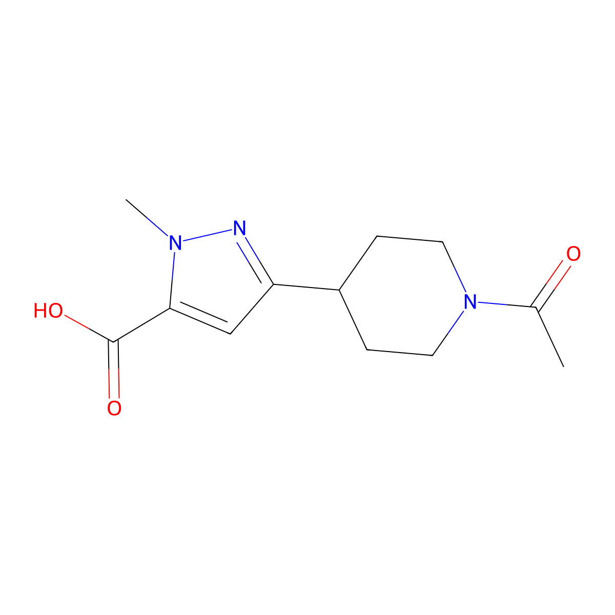 3-(1-acetylpiperidin-4-yl)-1-methyl-1H-pyrazole-5-carboxylic acid molecular structure, CAS 2353263-62-2