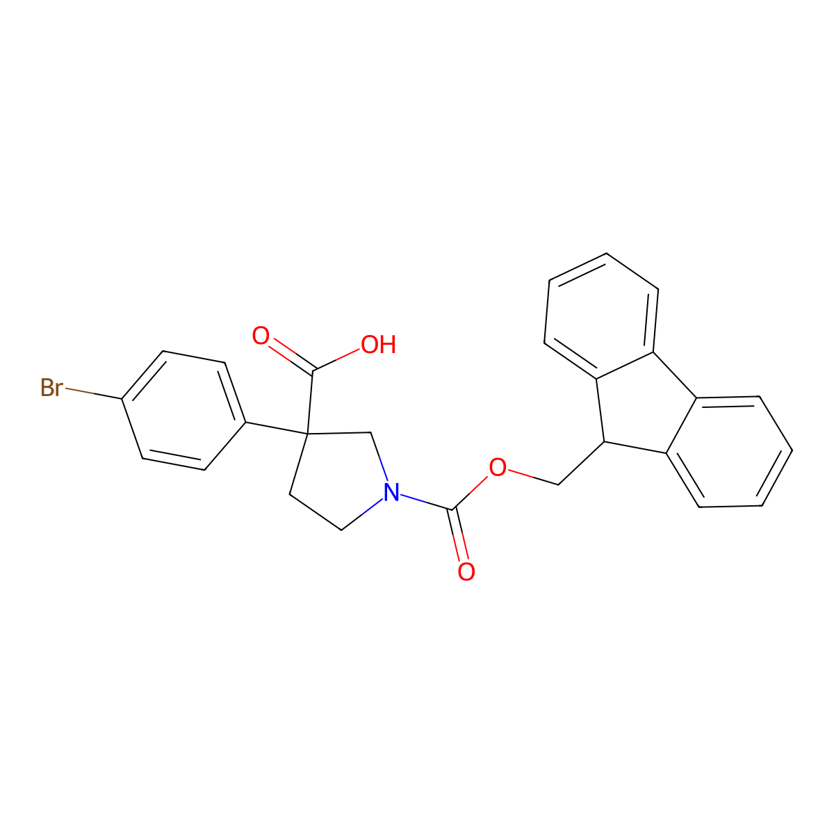 3-(4-bromophenyl)-1-{[(9H-fluoren-9-yl)methoxy]carbonyl}pyrrolidine-3-carboxylic acid molecular structure, CAS 2353309-43-8