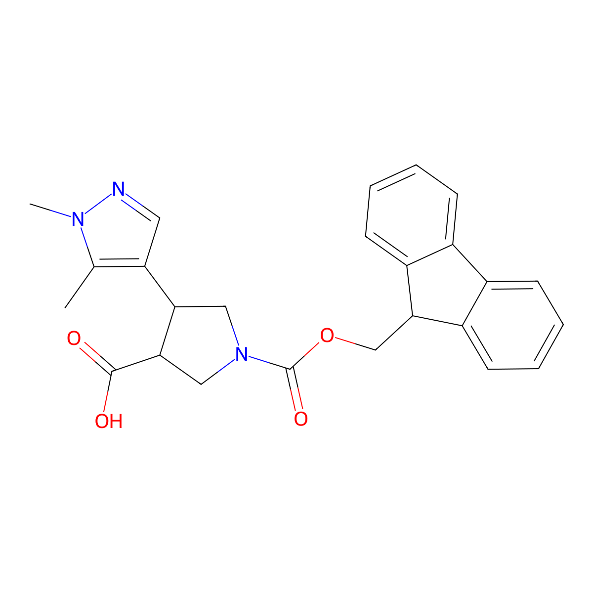 4-(1,5-dimethyl-1H-pyrazol-4-yl)-1-{[(9H-fluoren-9-yl)methoxy]carbonyl}pyrrolidine-3-carboxylic acid molecular structure, CAS 2354145-60-9